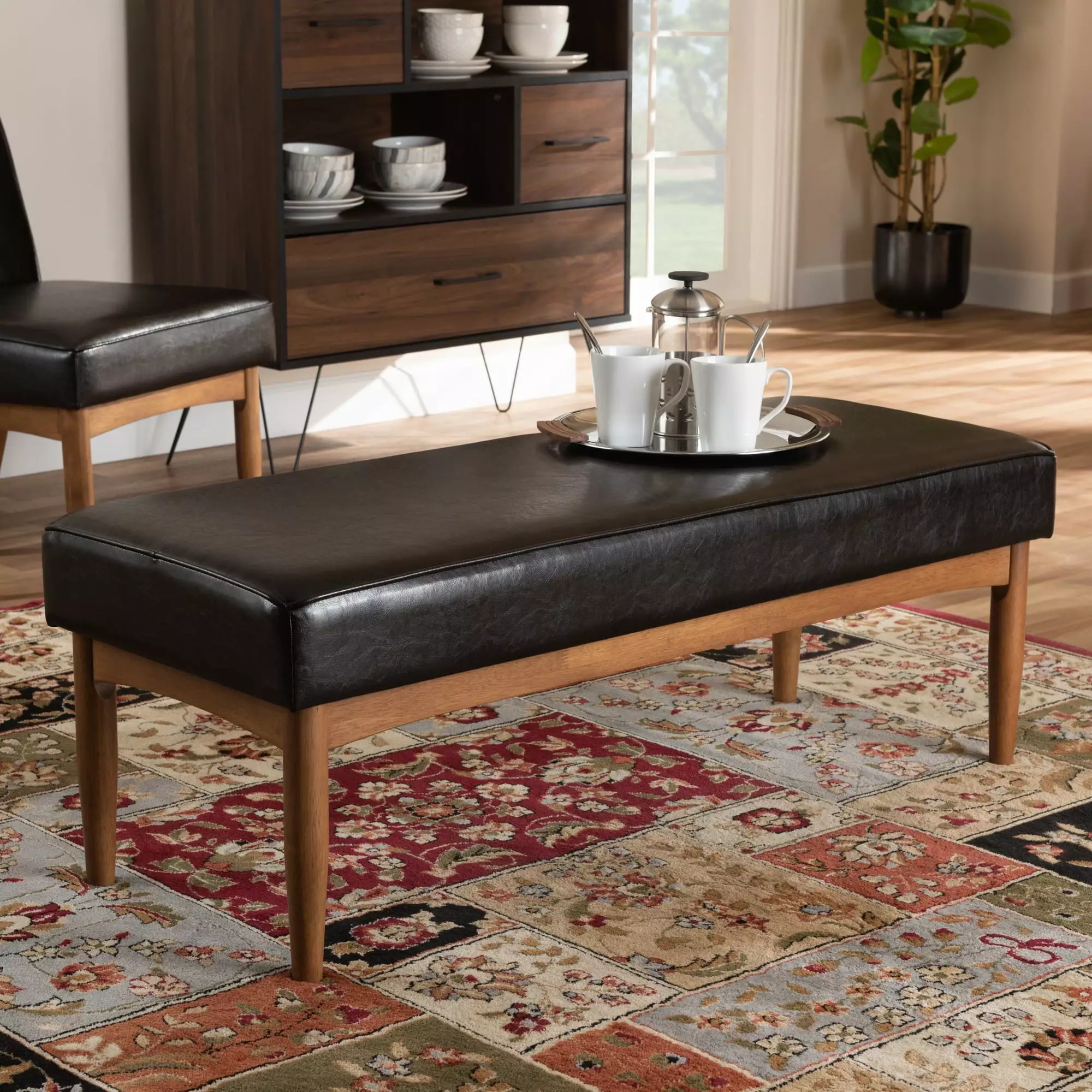Baxton Studio Arvid Mid-Century Modern Dark Brown Faux Leather Dining Bench Benches