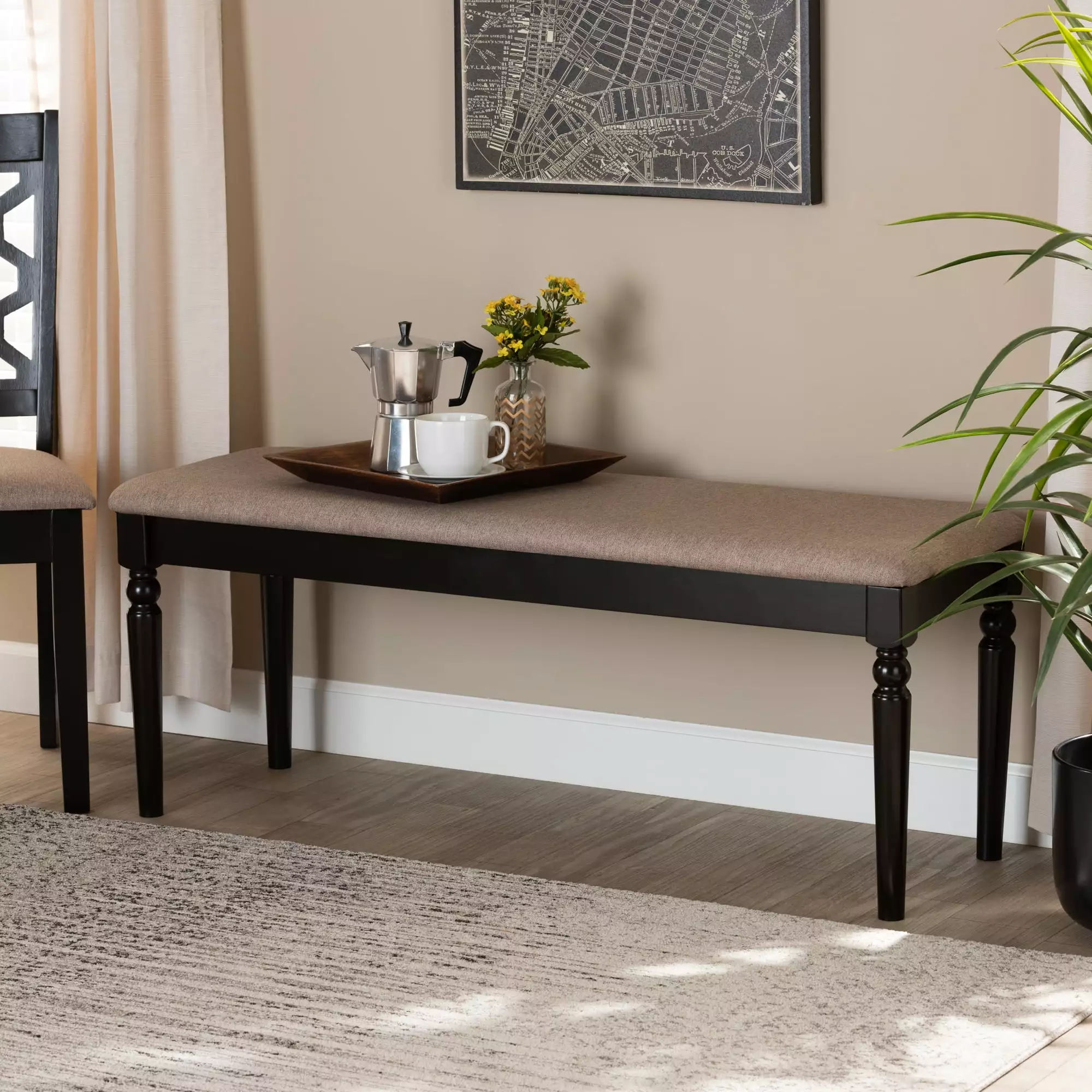 Baxton Studio Giovanni Modern Sand Fabric Upholstered Dining Bench Dark Brown Wood Benches
