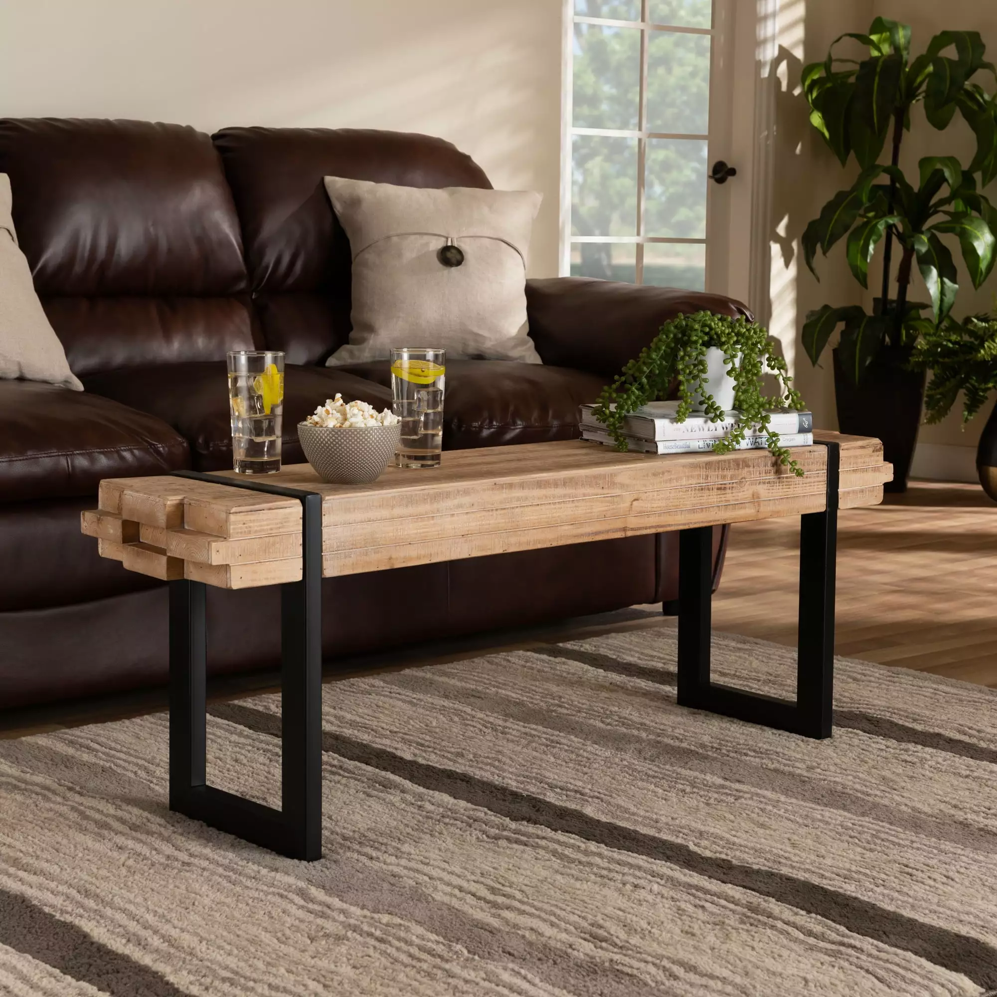 Baxton Studio Henson Bench Natural Brown - Solid Wood Rustic Dining Bench Benches