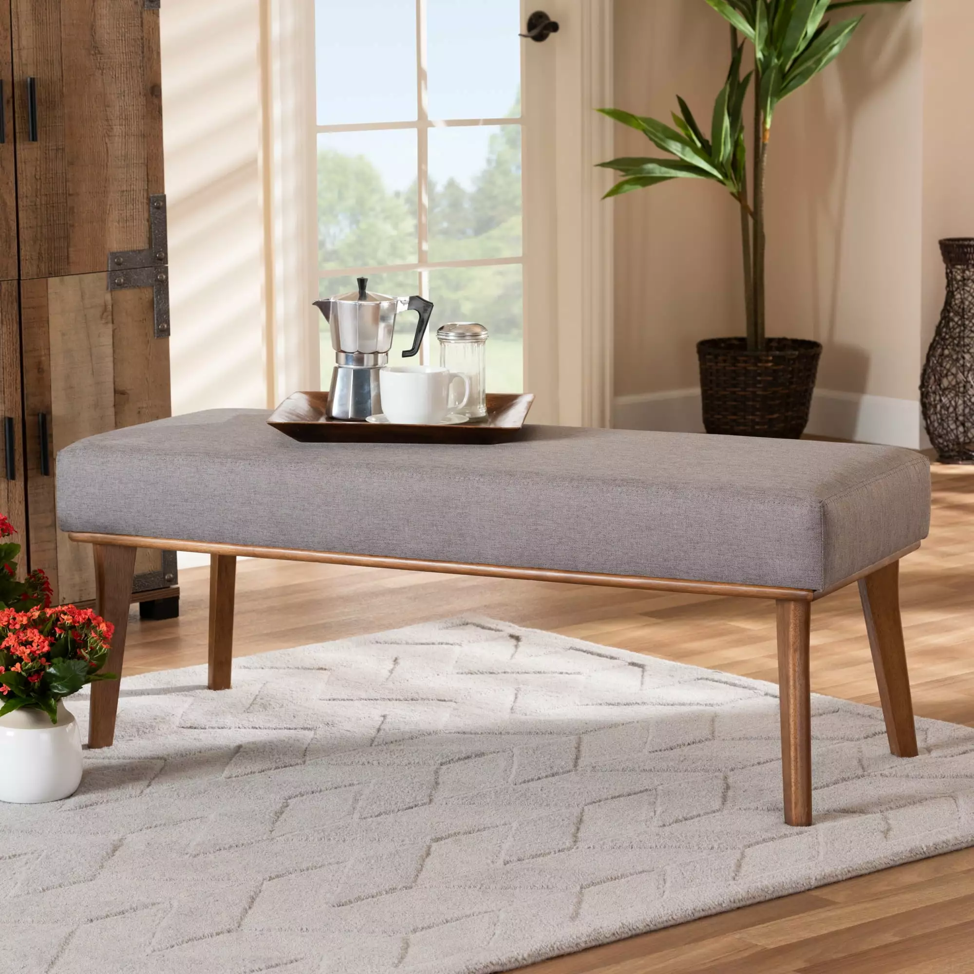 Baxton Studio Odessa Mid-Century Modern Grey Fabric Dining Bench Walnut Finish Benches