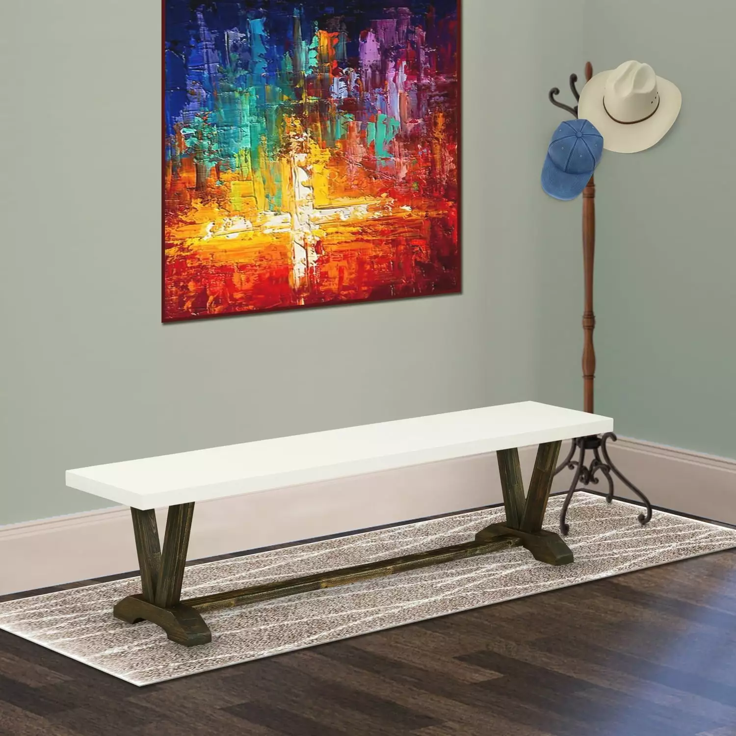 East West Furniture V-Style 15x72 Wood Dining Bench Jacobean and Linen White Benches
