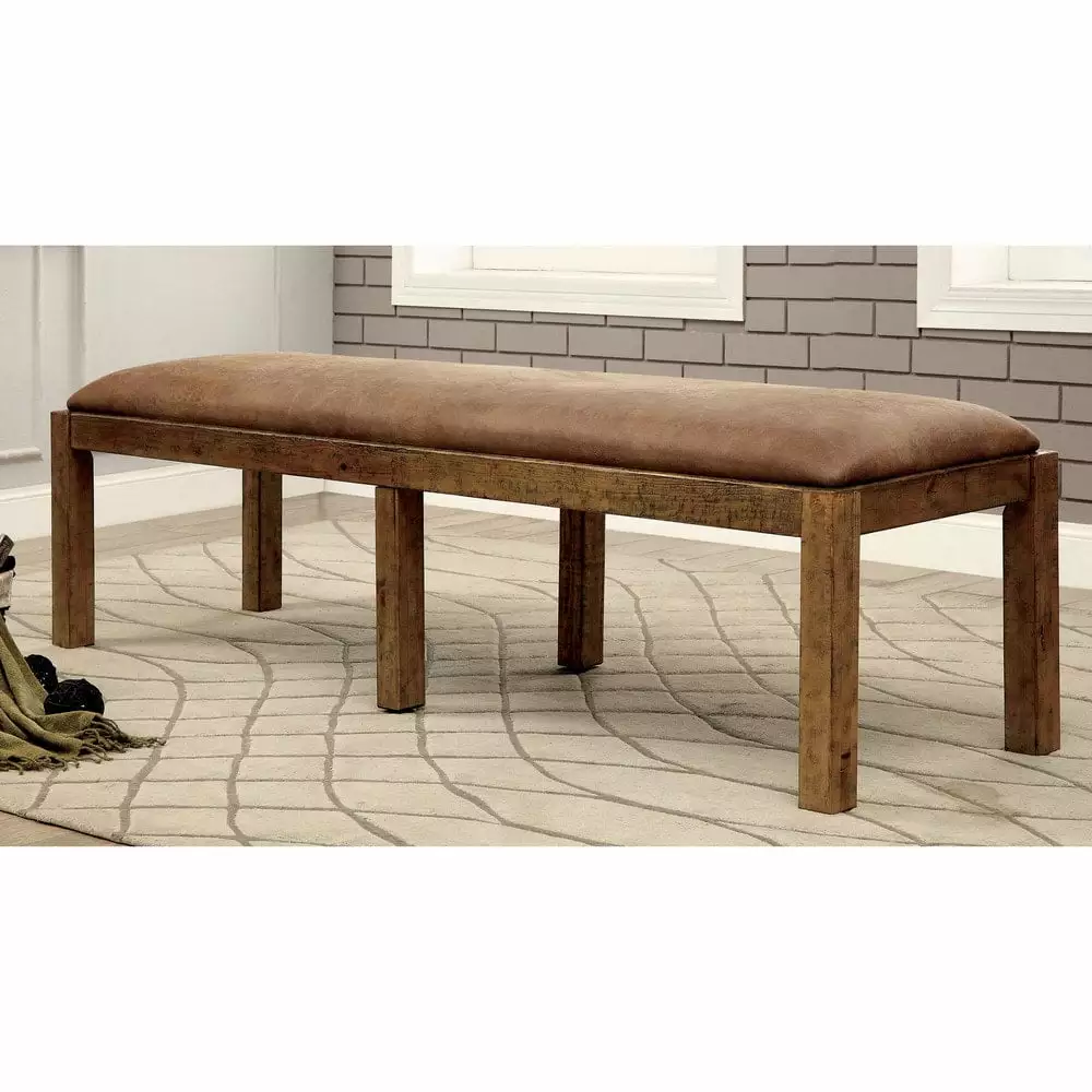 Furniture America Matthias Rustic Wood Brown Faux Leather Dining Bench Benches