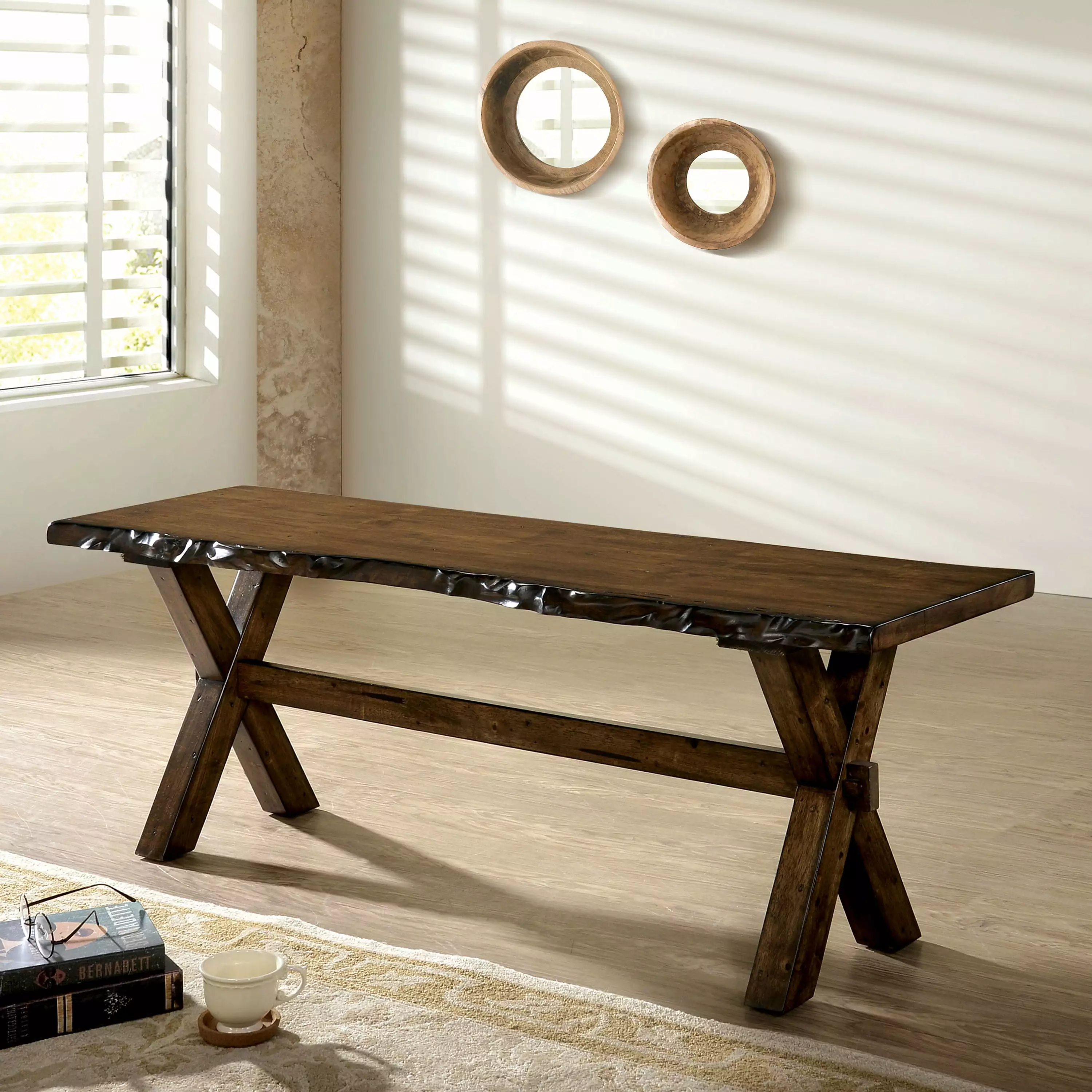 Furniture America Terra Rough Edge X-Shaped Trestle Base Dining Bench Brown - Rustic Dining Room Furniture Benches