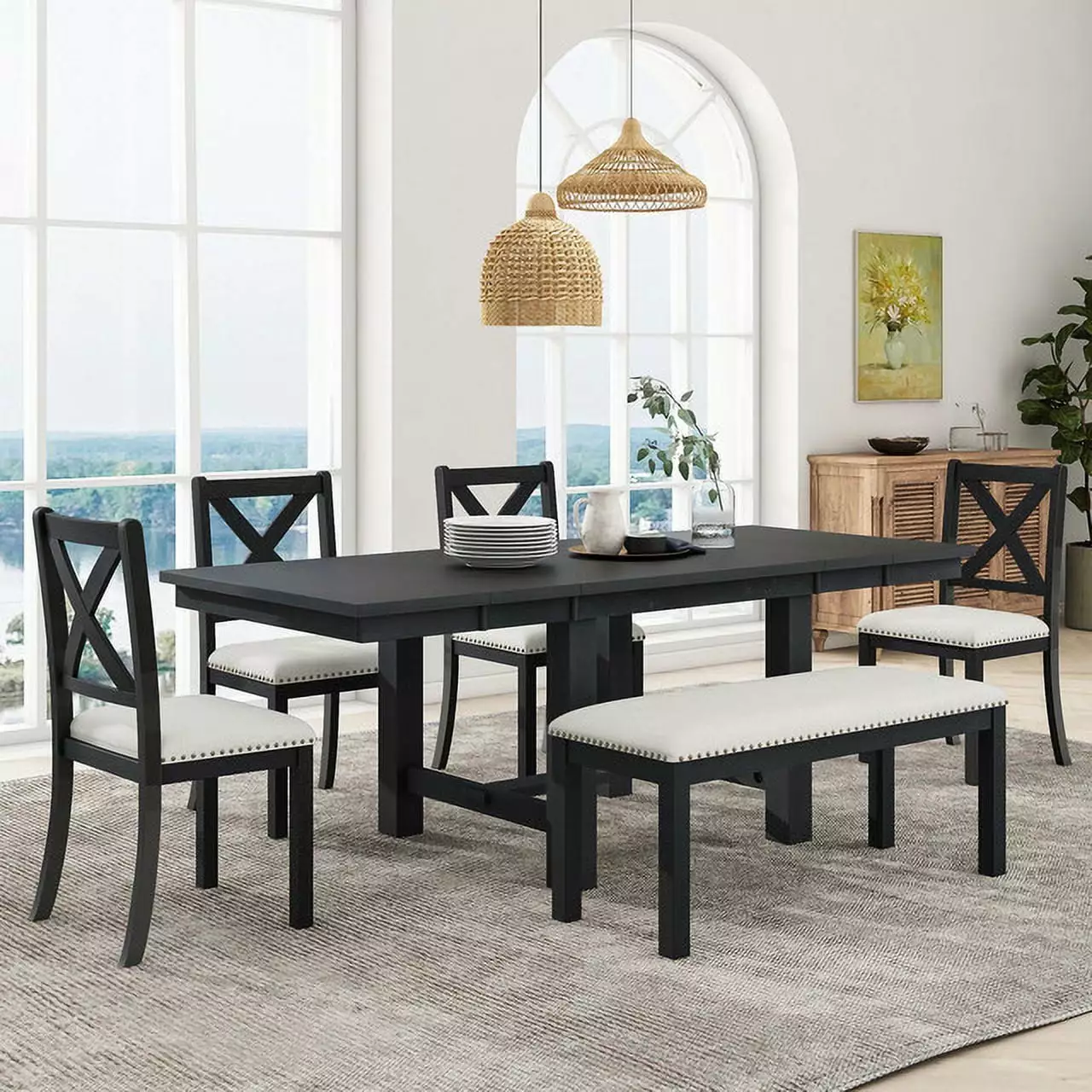 Farmhouse Dining Set 82-inch Extendable Table 4 Upholstered Chairs and Bench Black Beige Benches Ponnky