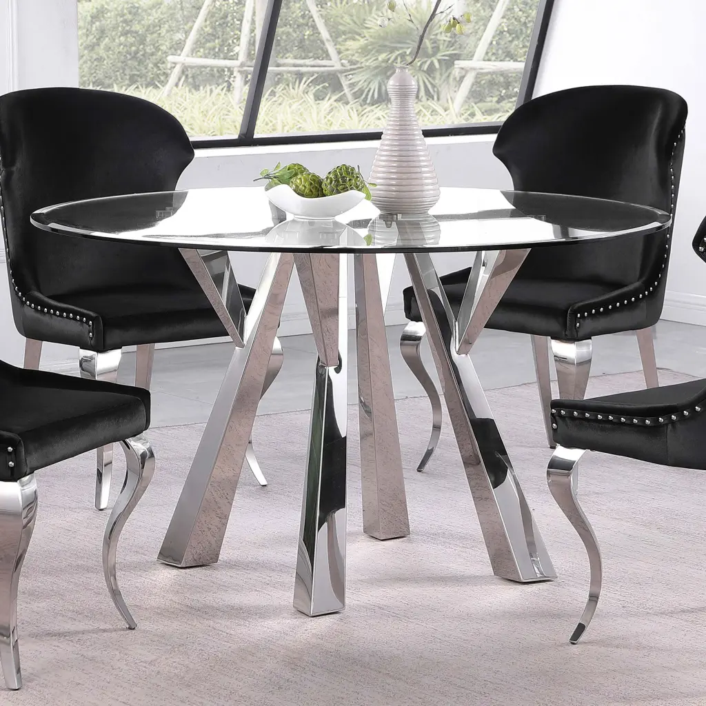 Alaia Round Glass Top Dining Table Clear and Chrome - Modern Kitchen Dining Set
