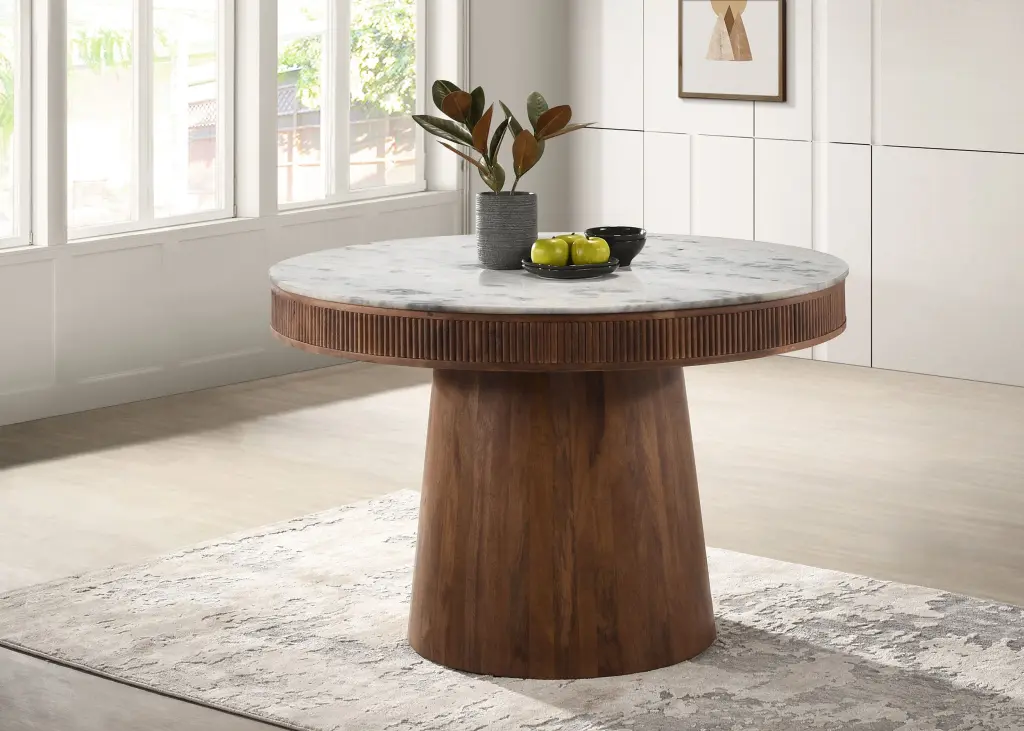 Ortega Round Marble Top Solid Base Dining Table White and Natural - Modern Kitchen Table