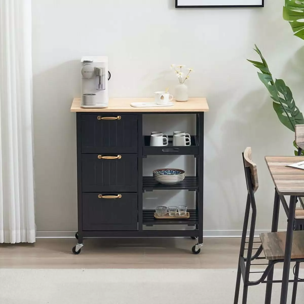 76x37x84cm Three Drawers Three Layers Bronze Handle Rubber Wood Log Color Table Top Black Spray Paint Dining Car YTTX