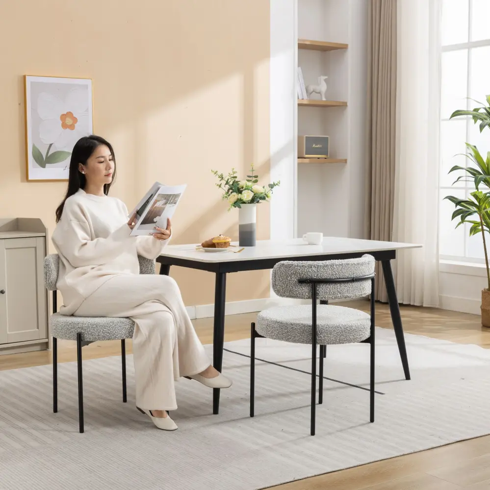 Burbank - Modern Round Boucle Dining Chairs (Set 2) - Black / Pearl