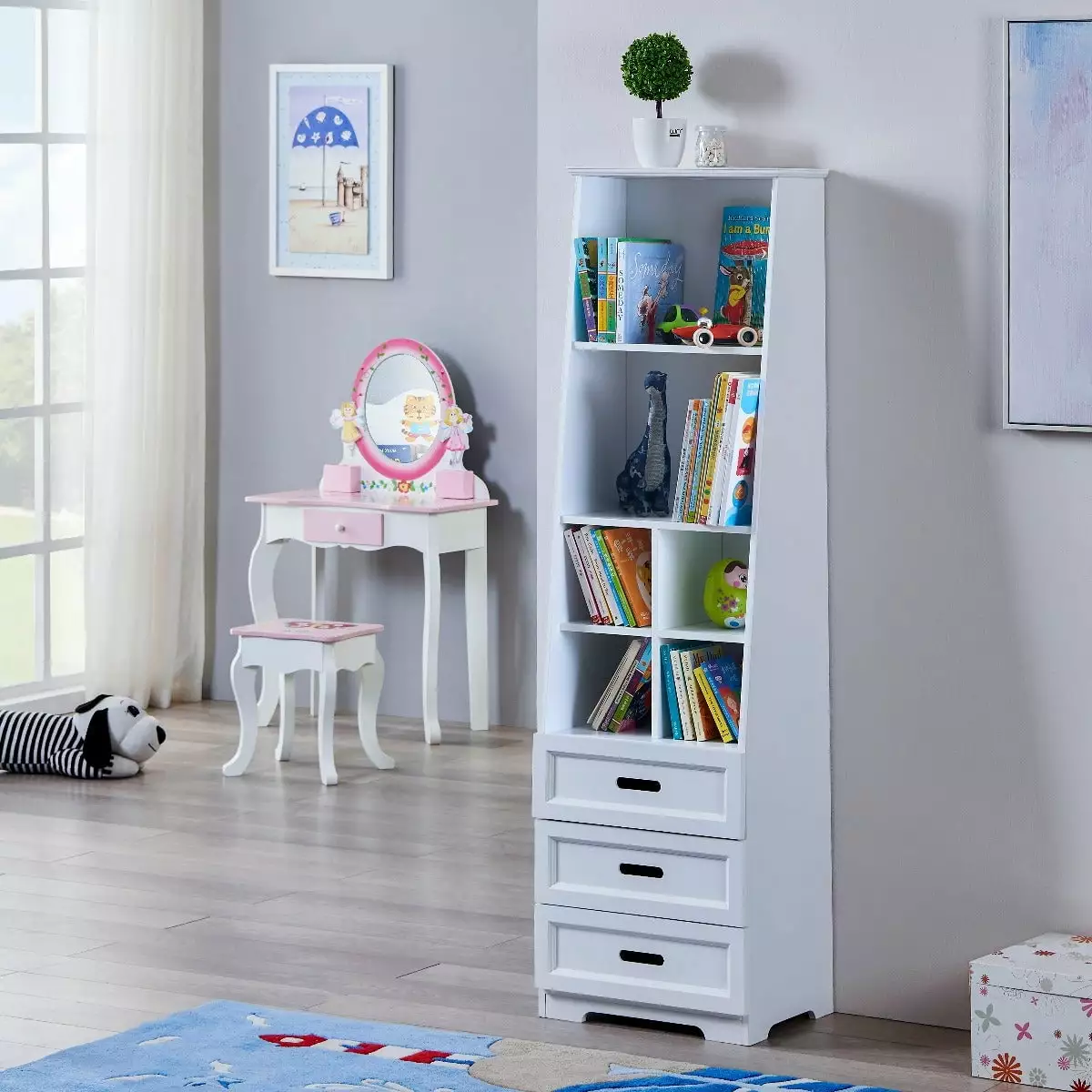 GeeHome Kids Funnel White Bookcase Shelf Storage Unit Organizer Drawers