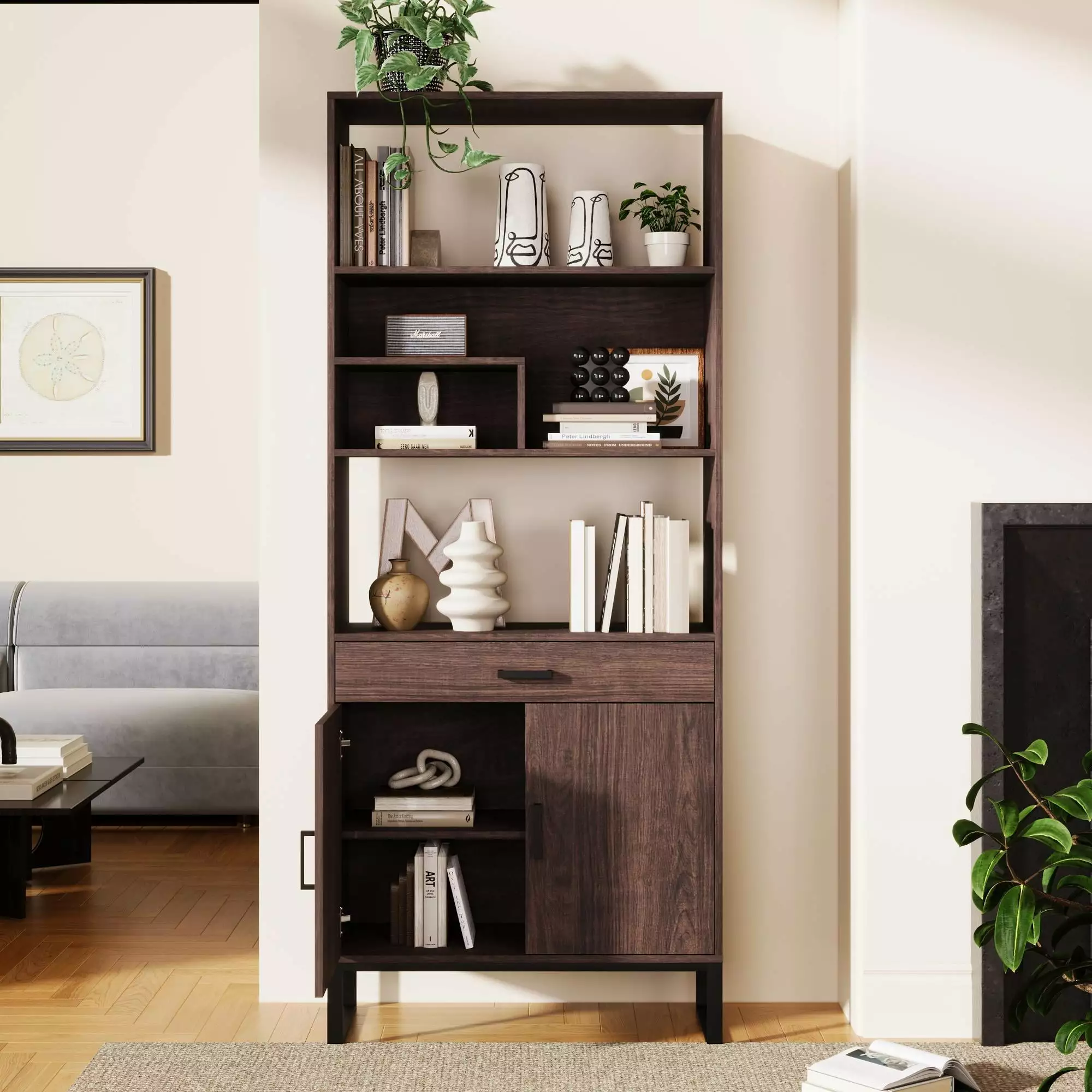 PORKISS Bookshelf Doors Wooden Bookcase Storage Drawer and LED Strip Lights Walnut