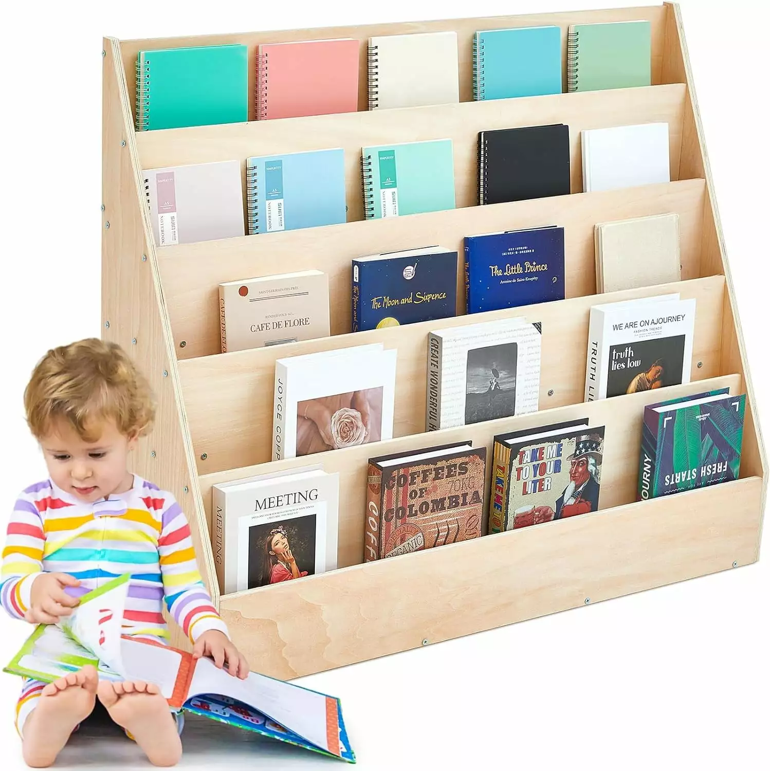 Kids Book Shelves Children Book Display Single-Sided Bookcase 5 Tier Storage Display Rack DONFU