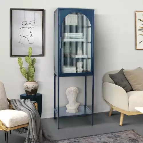 MISSUNNY Blue High Cabinet Arched Tempered Glass Door and Adjustable Shelves