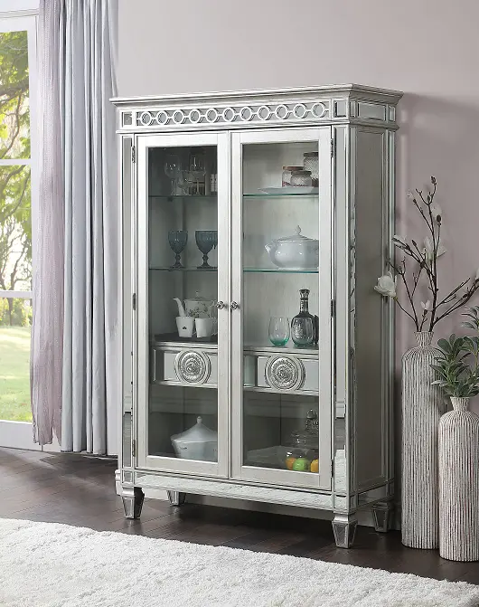 Varian Mirrored & Antique Platinum Curio - Glass Display Cabinet Mirror Details