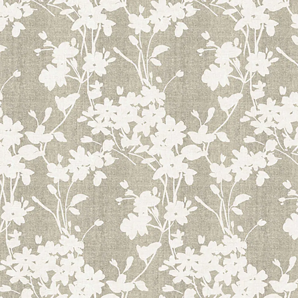 Table Covering White Floral Patterns on Taupe Background, 55'' x 65' (Sold Linear Foot)