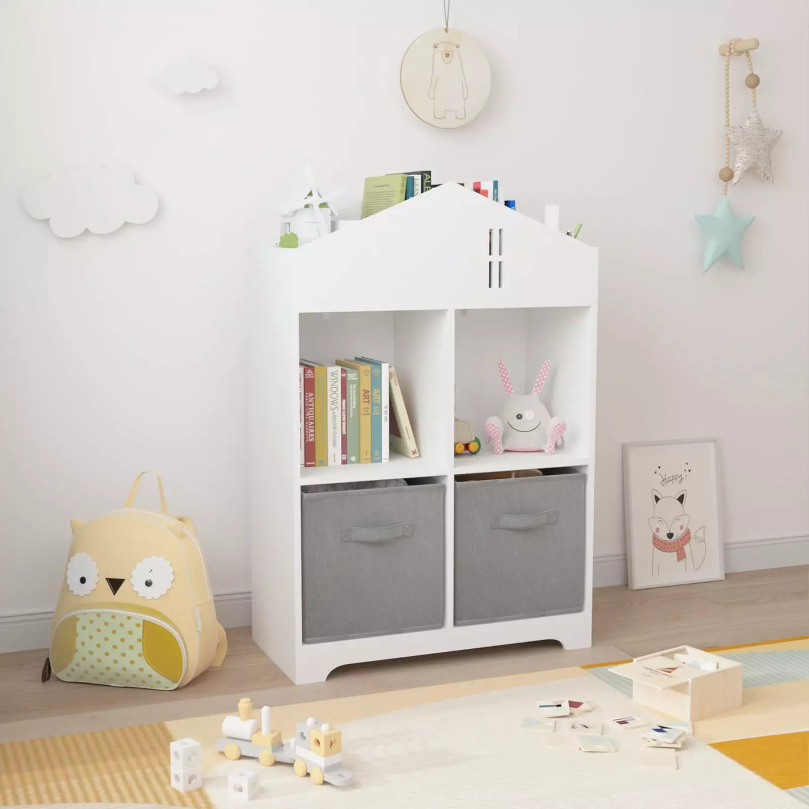 Kids Dollhouse Bookcase Storage 2-Tier Display Organizer Collapsible Fabric Drawers axezoom
