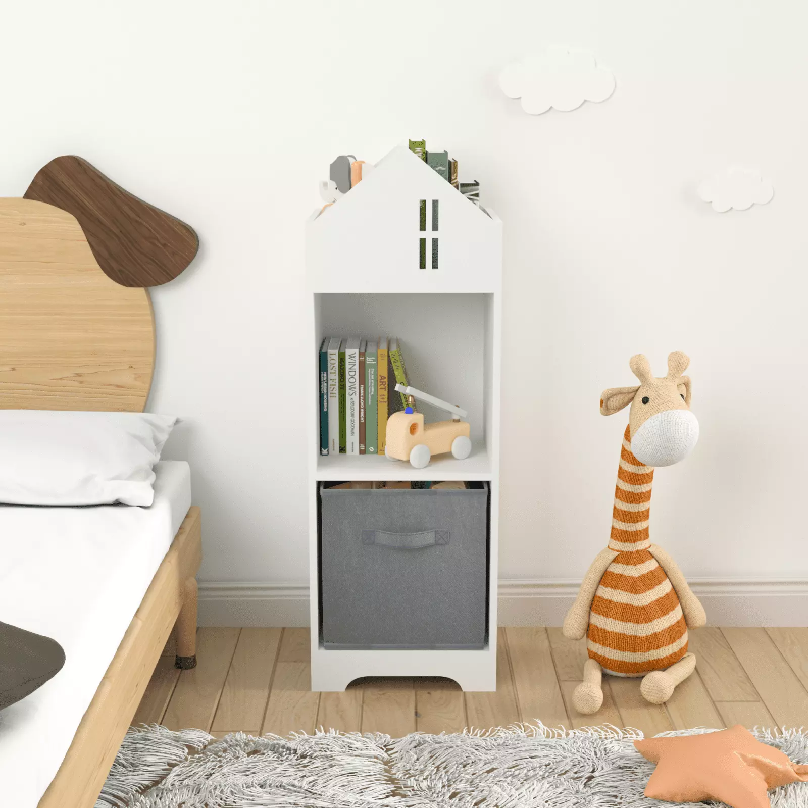 Newboti Furniture Kids Dollhouse Bookcase Storage 2-Tier Organizer White Gray