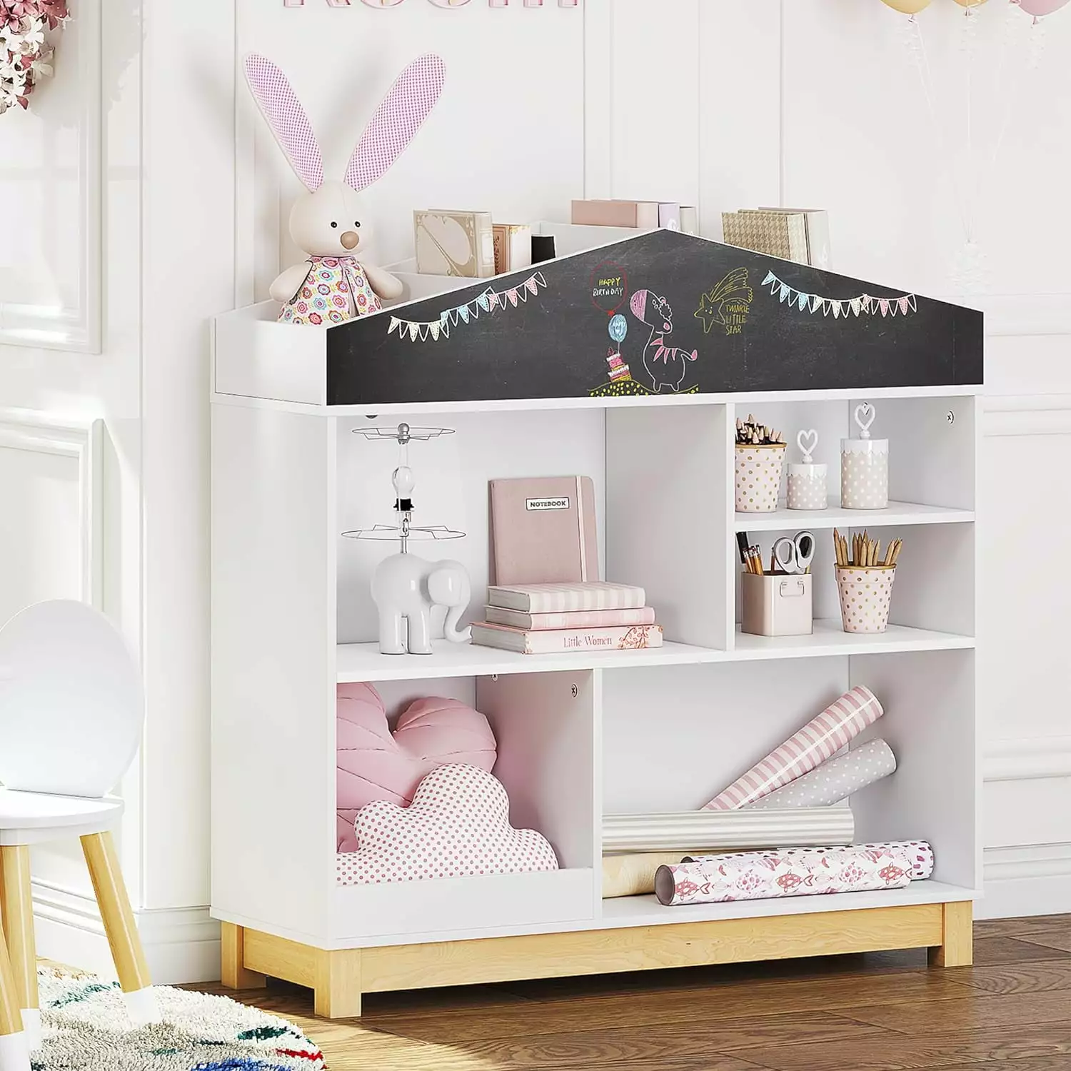 UTEX Kids Bookshelf and Toy Storage Cubby and Blackboard Dollhouse Bookcase