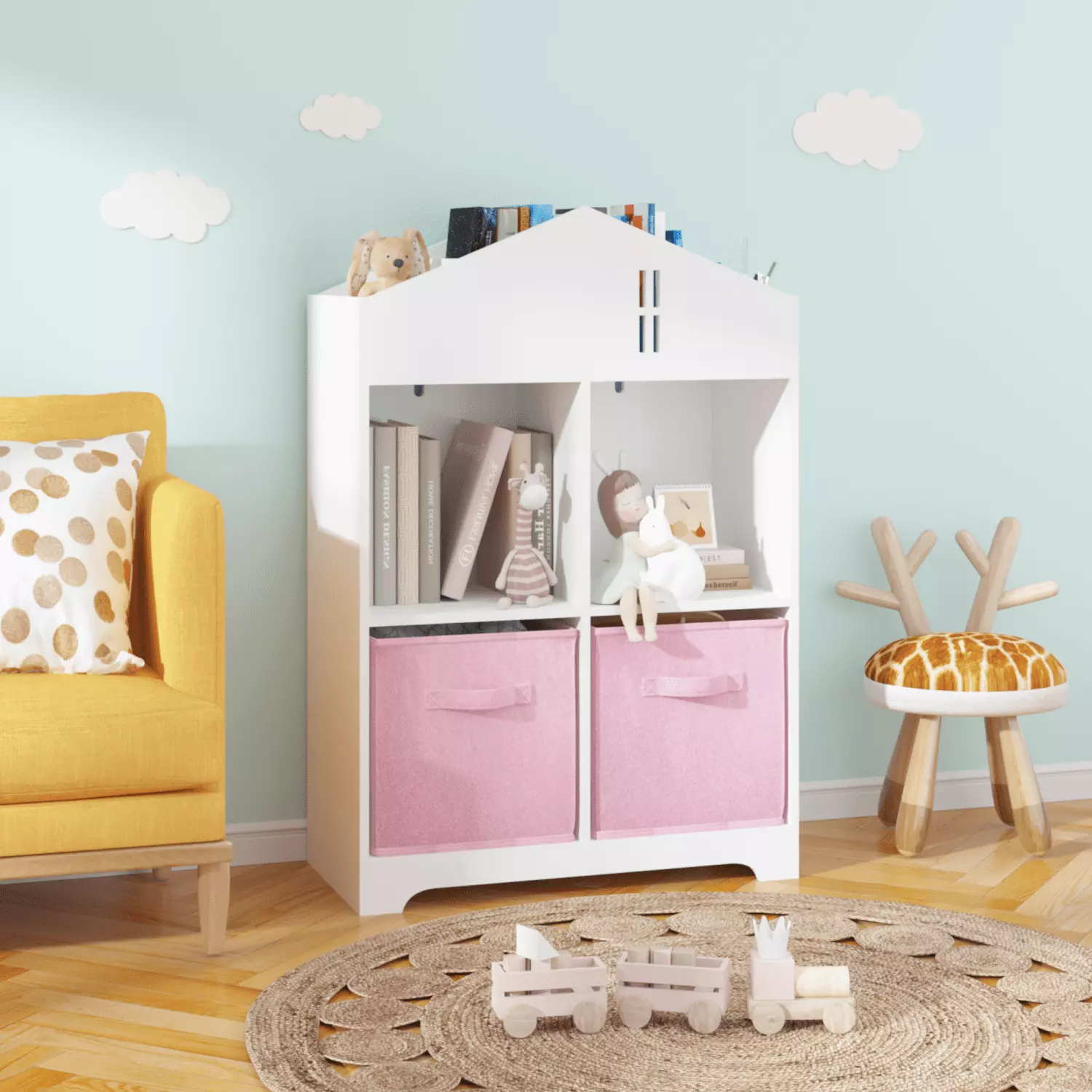 MISSUNNY Kids Dollhouse Bookcase 2-Tier Storage Display Organizer Toddler Bookshelf 2 Collapsible Fabric Drawers