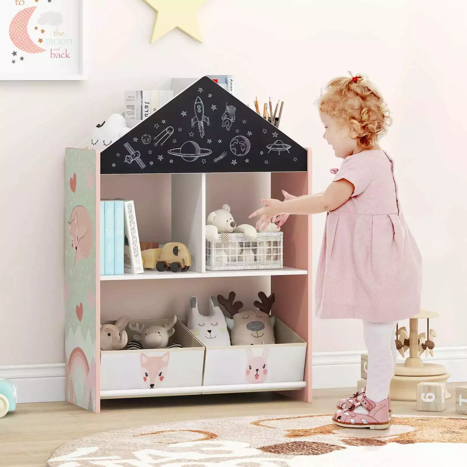 Laicejoy Kids Dollhouse Bookshelf Toy Storage Organizer Blackboard and Fabric Bins