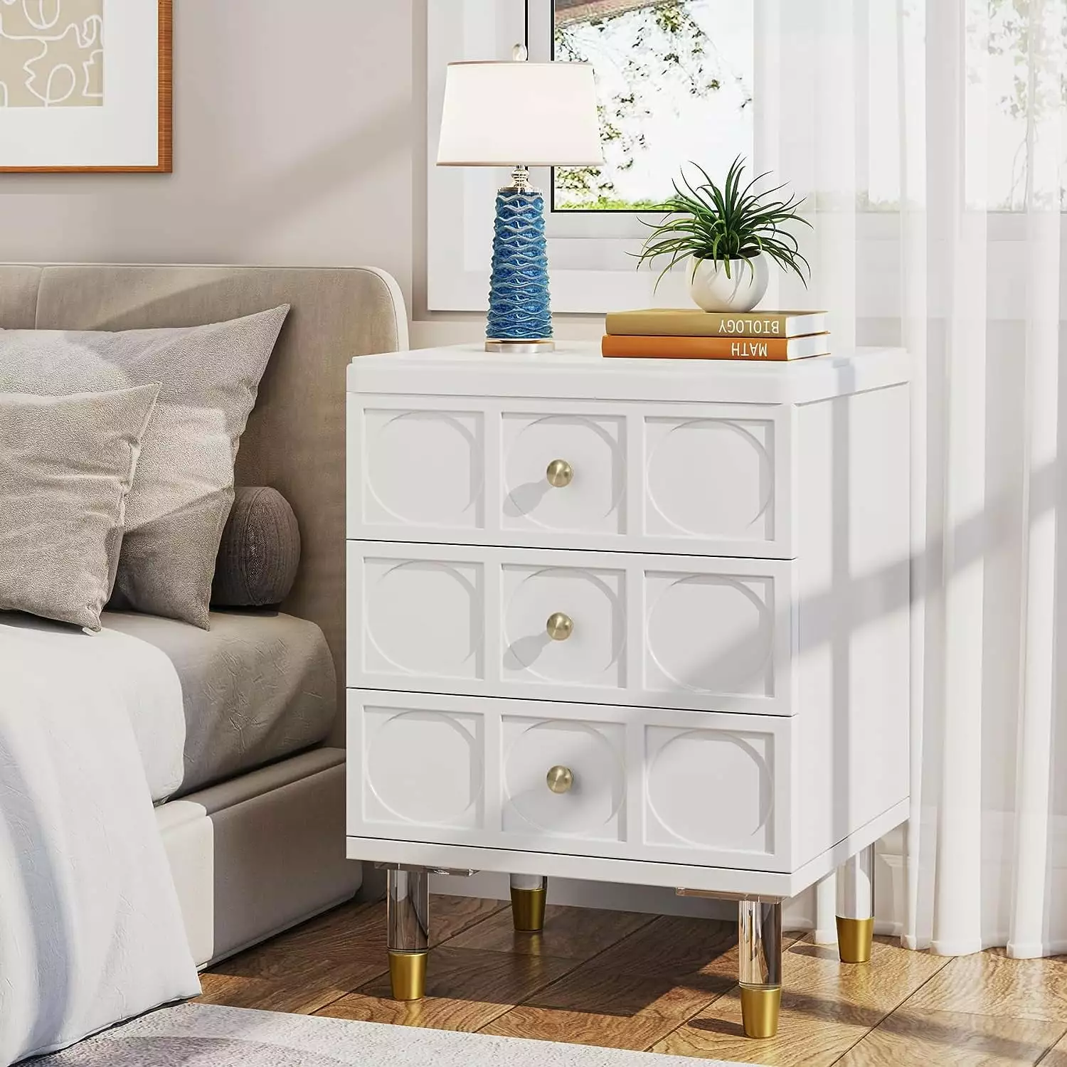 3-Drawer Tall White and Gold Nightstand Bedside Table Drawers Tribesigns
