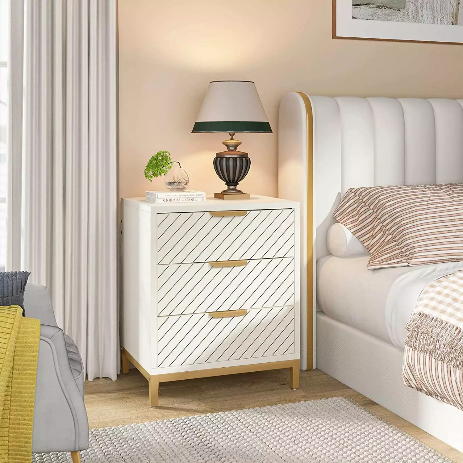 Tribesigns White and Gold Nightstand 3 Drawers Bedside Table