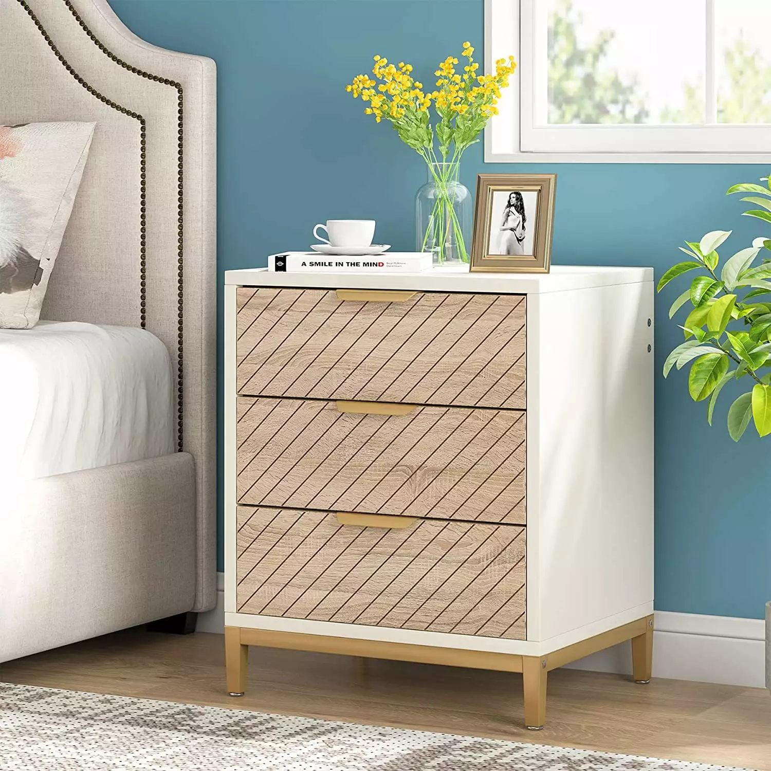 Tribesigns White and Gold Nightstand 3 Drawers Light Wood Grain Bedside Table