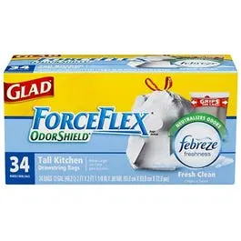 ForceFlex Tall Kitchen Drawstring Trash Bags Fresh Clean Scent 13-Gal 34-Count Glad