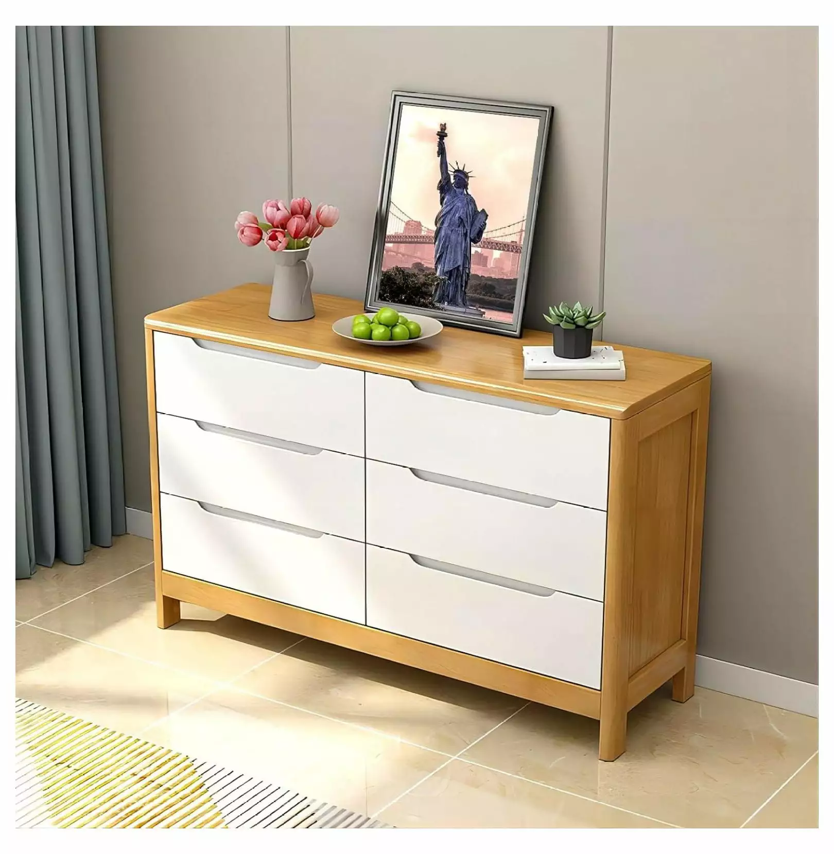 ZHANGHU Wide Dresser 6 Drawers - TV Stand 60 TV - Solid Wood Double Dresser