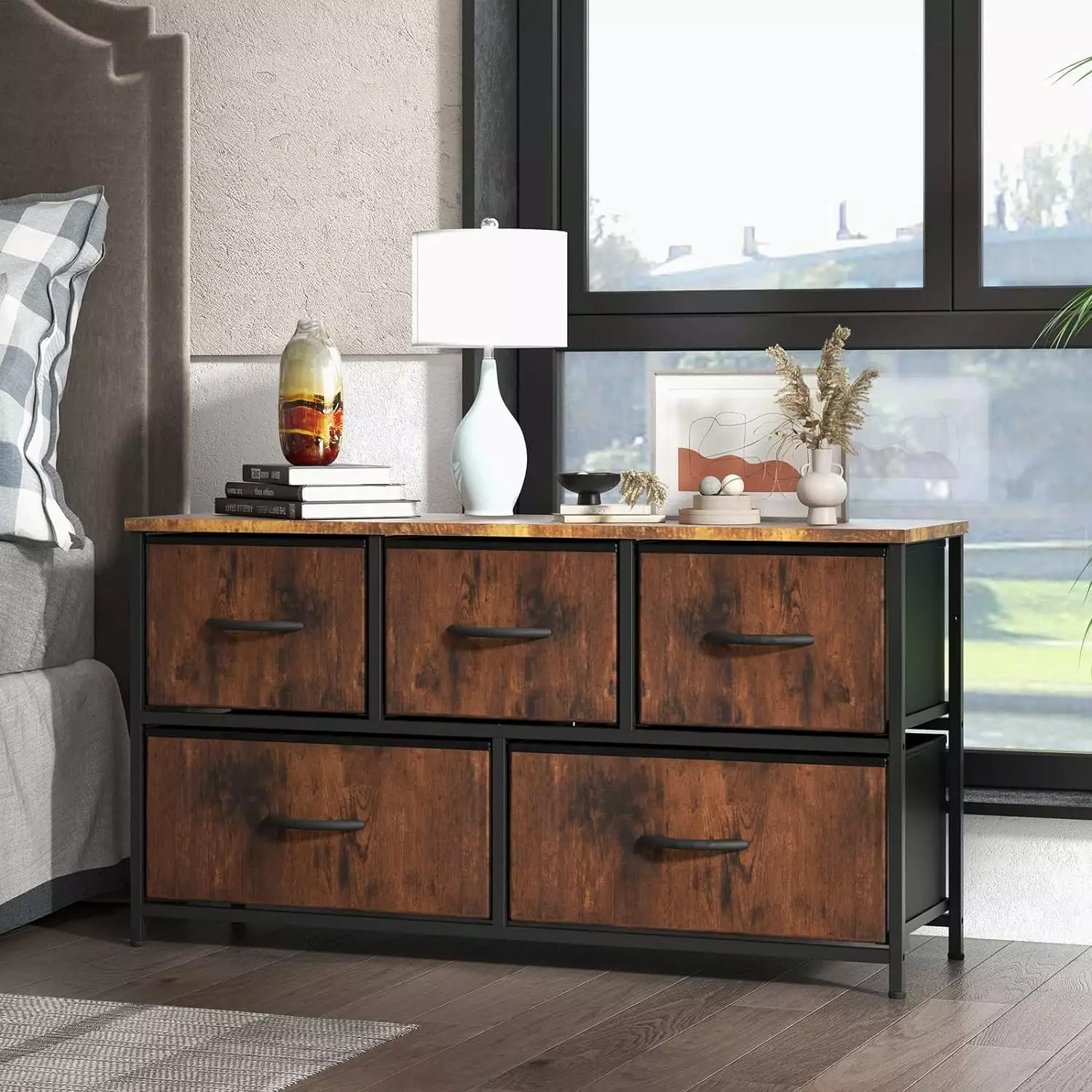 TV Stand Dresser Bedroom Kids Chest Drawers Rustic Brown Closet Dresser 5 Fabric Drawers Metal Frame Wood Tabletop Maylaviu