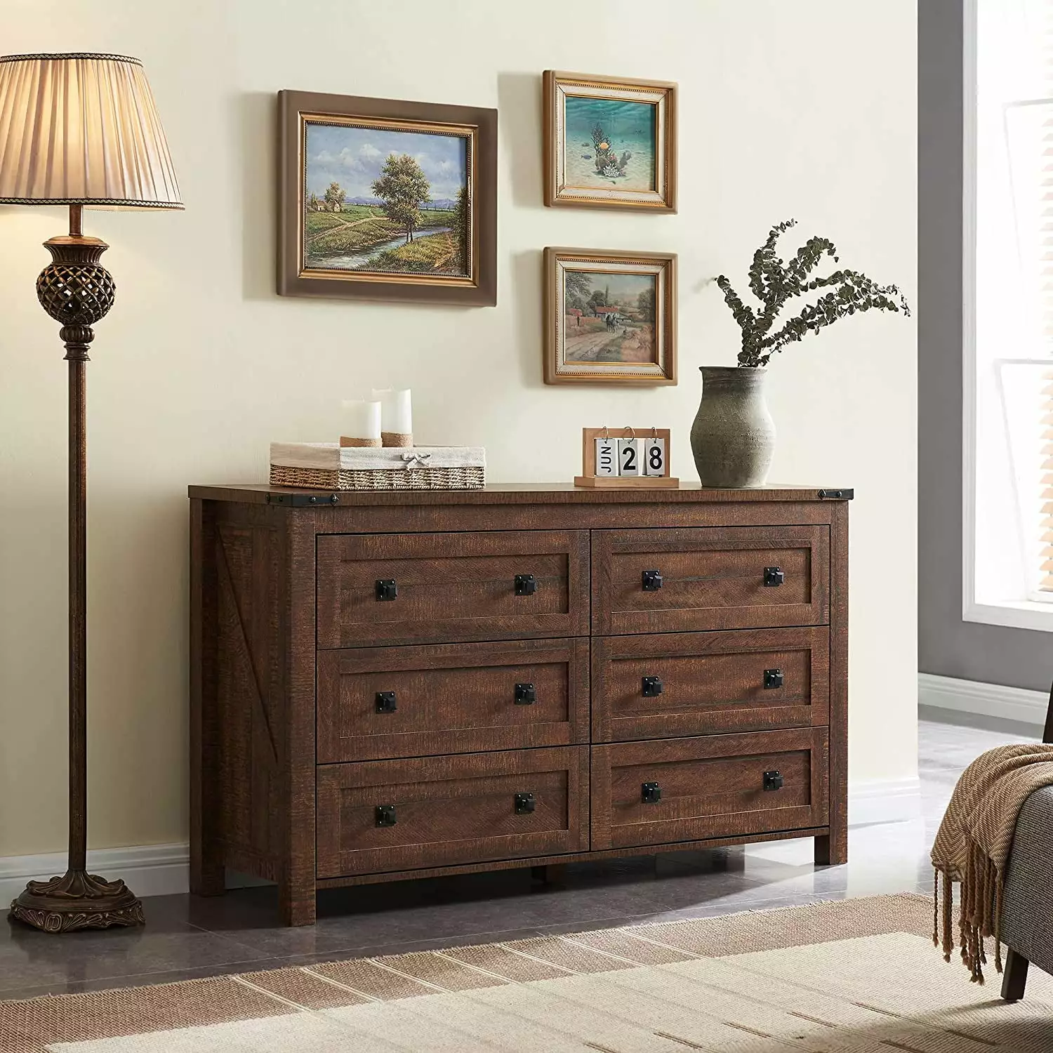 FETON Farmhouse 6-Drawer Dresser, Rustic Wide Wood Chest Drawers Reclaimed Barnwood Finish Bedroom or Living Room