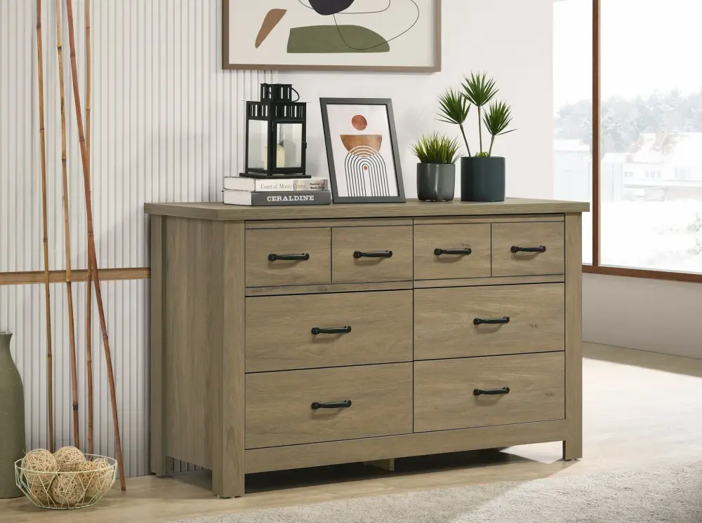 Finn - Oak Finish Dresser 6 Drawers And Black Handles - Coffee Ash