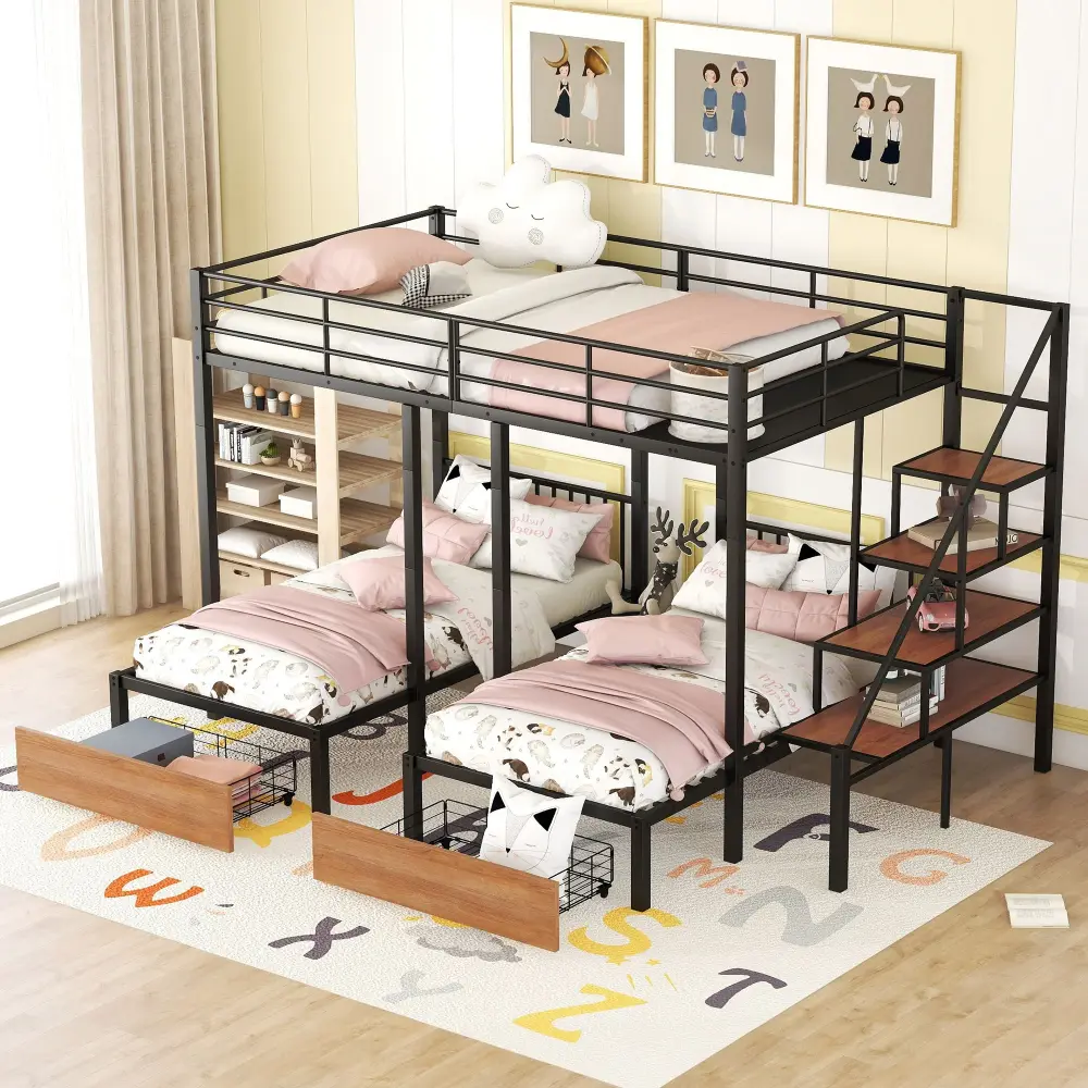 Full Over Twin-Twin Triple Bunk Bed Drawers And Staircase - Black