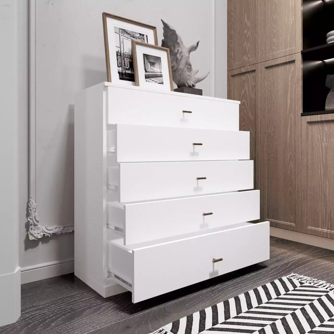 JY Furniture 5-Drawer Dresser, Modern White Wood Storage Cabinet Metal Handles Bedroom JY FURNITURE CRAFTED WITH EXCELLENCE