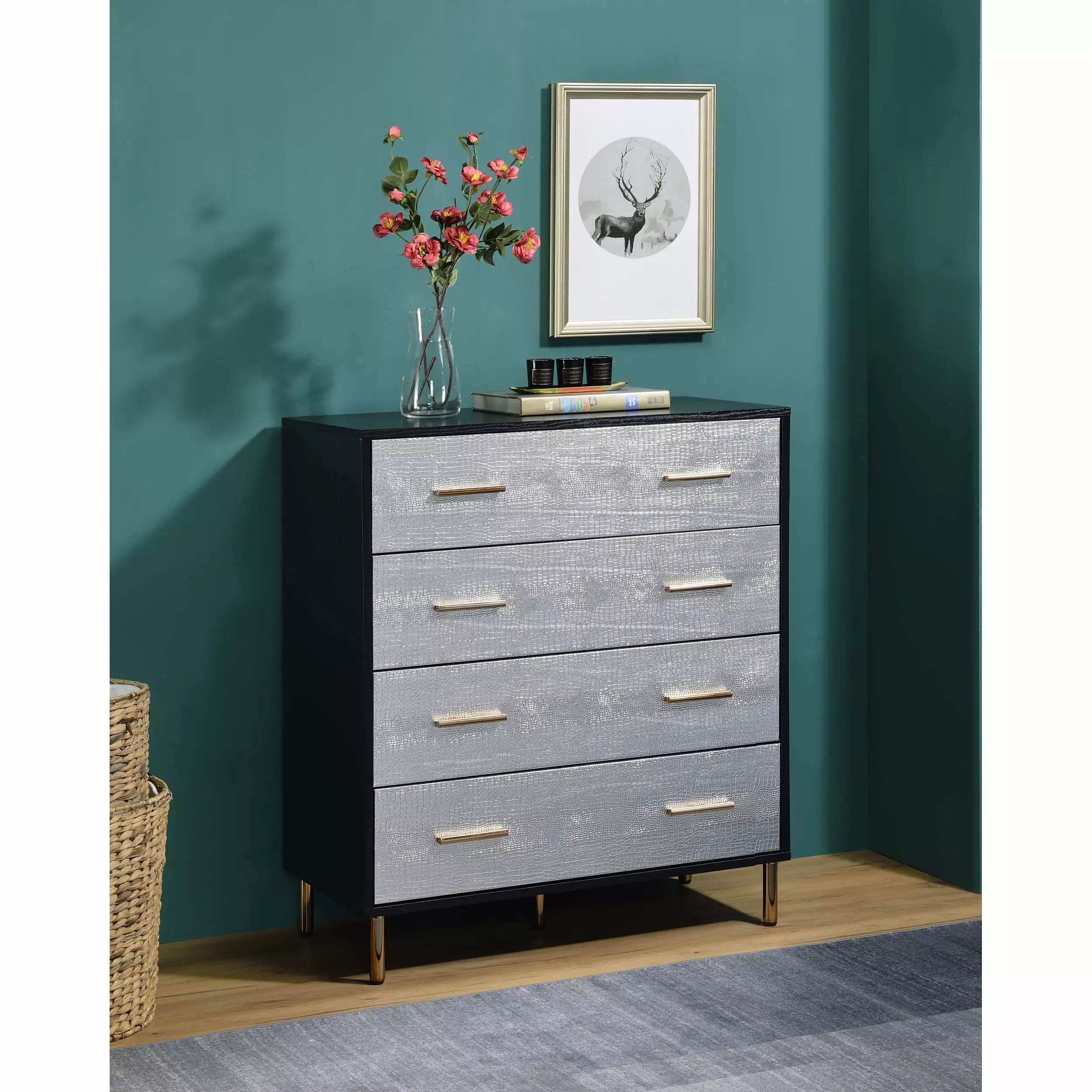 Miekor Furniture Myles 5-Drawer Chest, Tall Vertical Dresser Black, Silver & Gold Finish Bedroom Storage