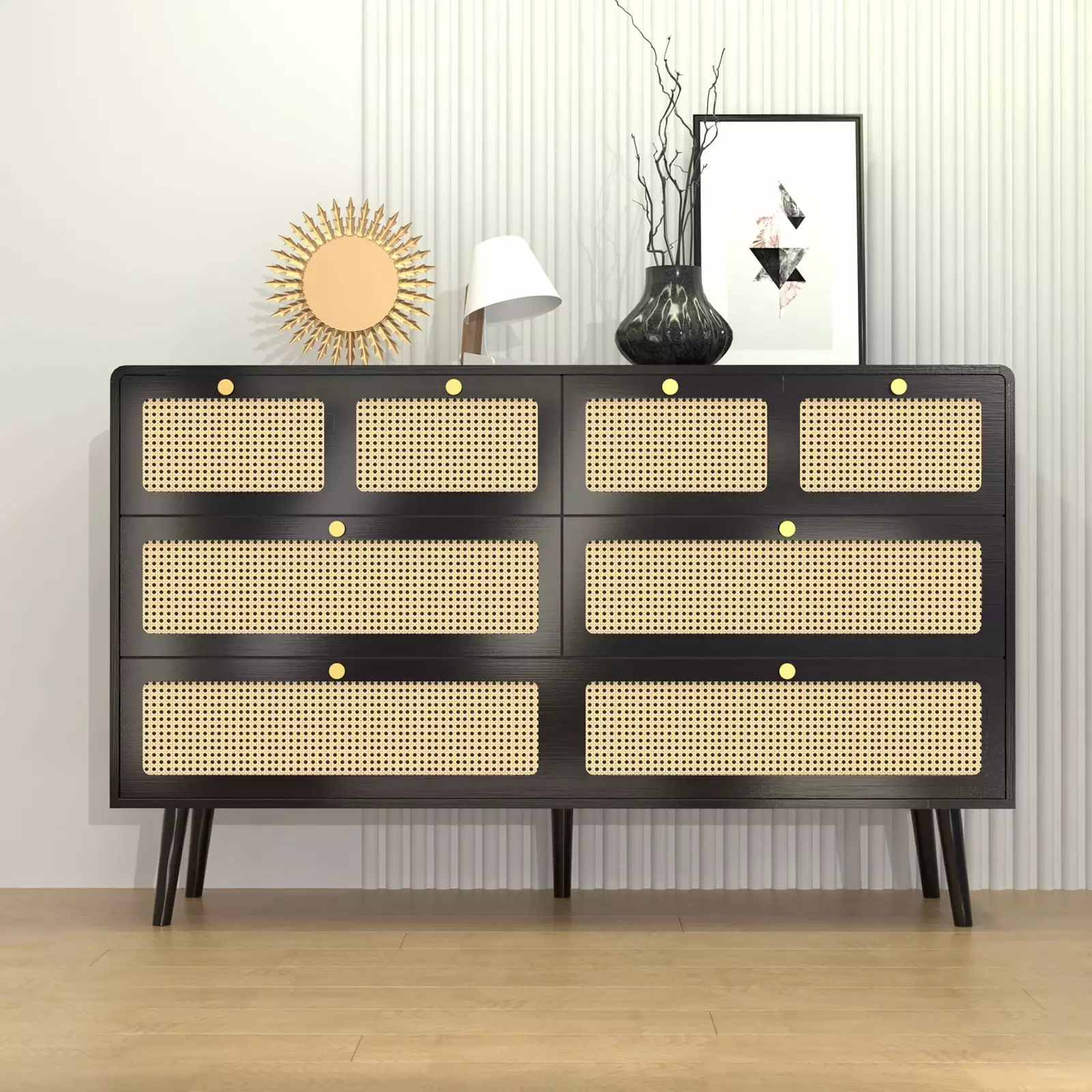 Mid-Century Modern 6-Drawer Dresser Rattan Accents, Wide Wood Boho Chest Drawers Metal Handles, Black Mrisata