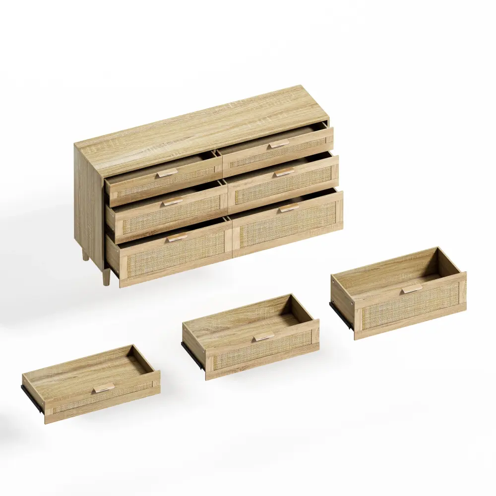 Rattan Dresser 6 Drawers, Legs & Handles, Storage Cabinet - Untreated