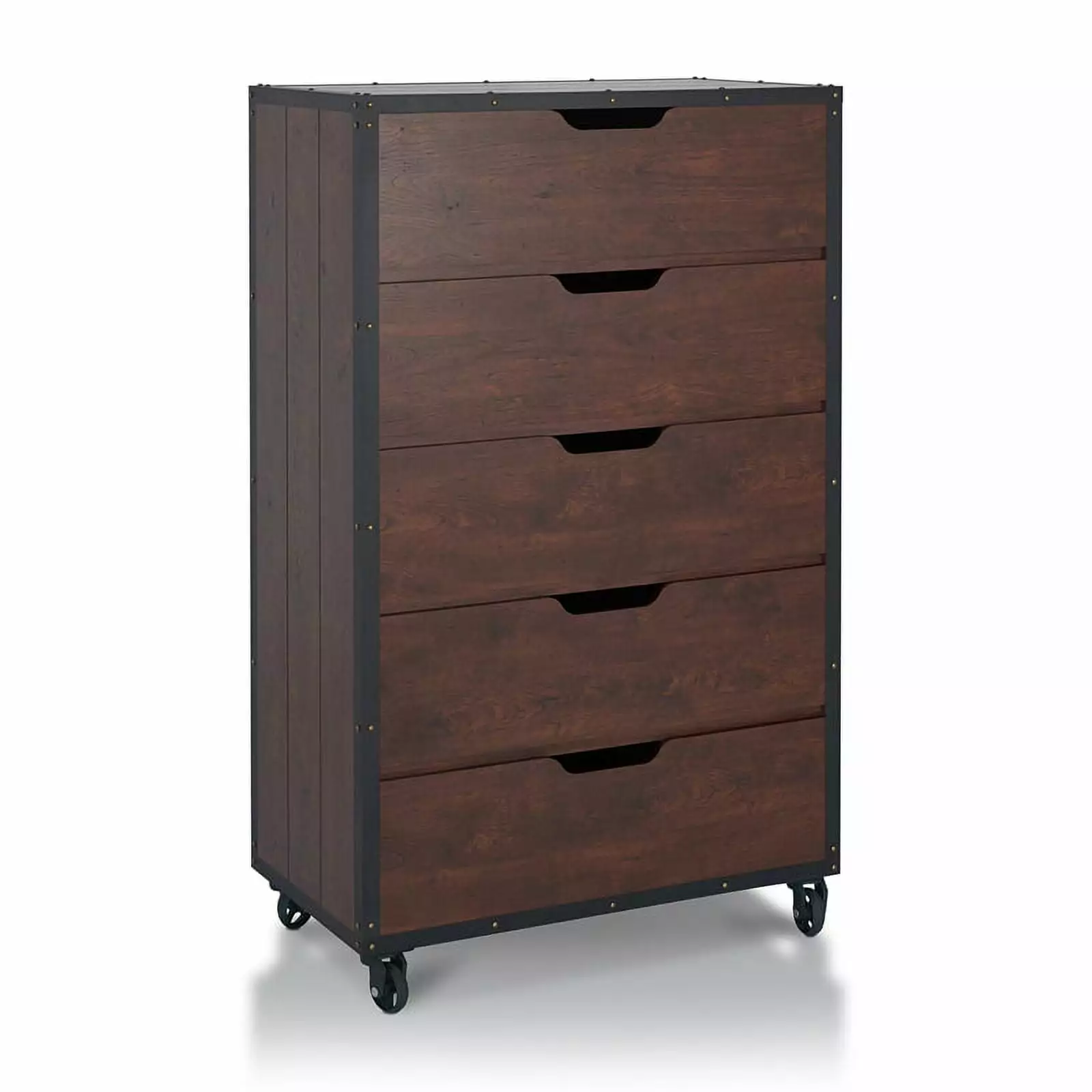 Furniture America Chevy Wood 5-Drawer Chest Casters Vintage Walnut - Bedroom Storage Dresser
