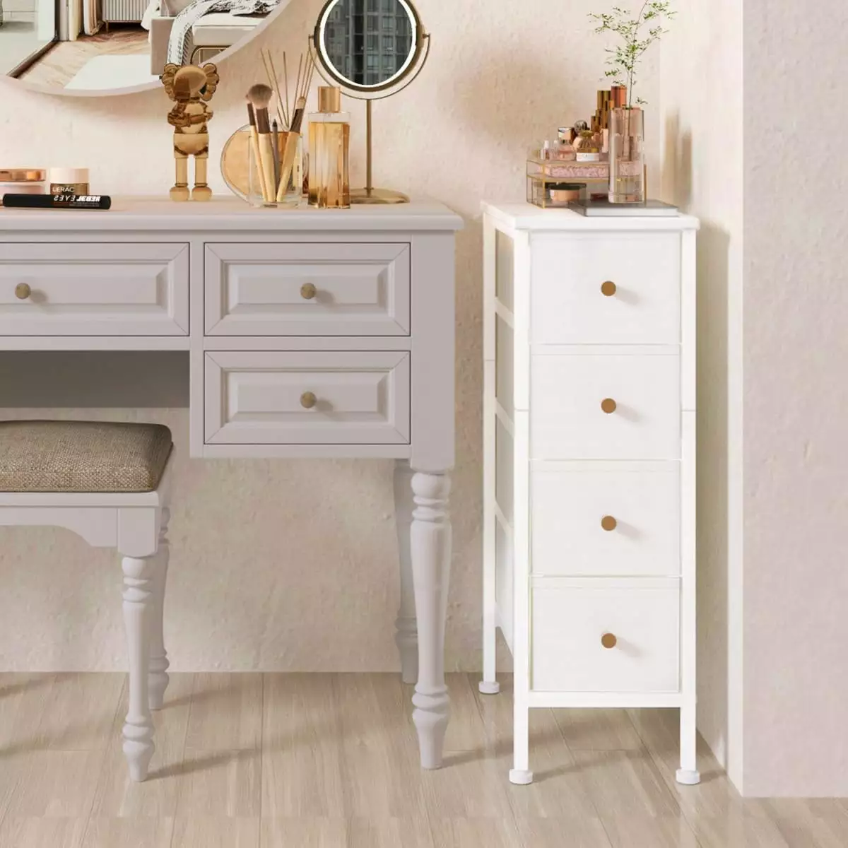 Narrow 4-Drawer Slim Fabric Dresser Storage Tower Small Spaces Leather Front