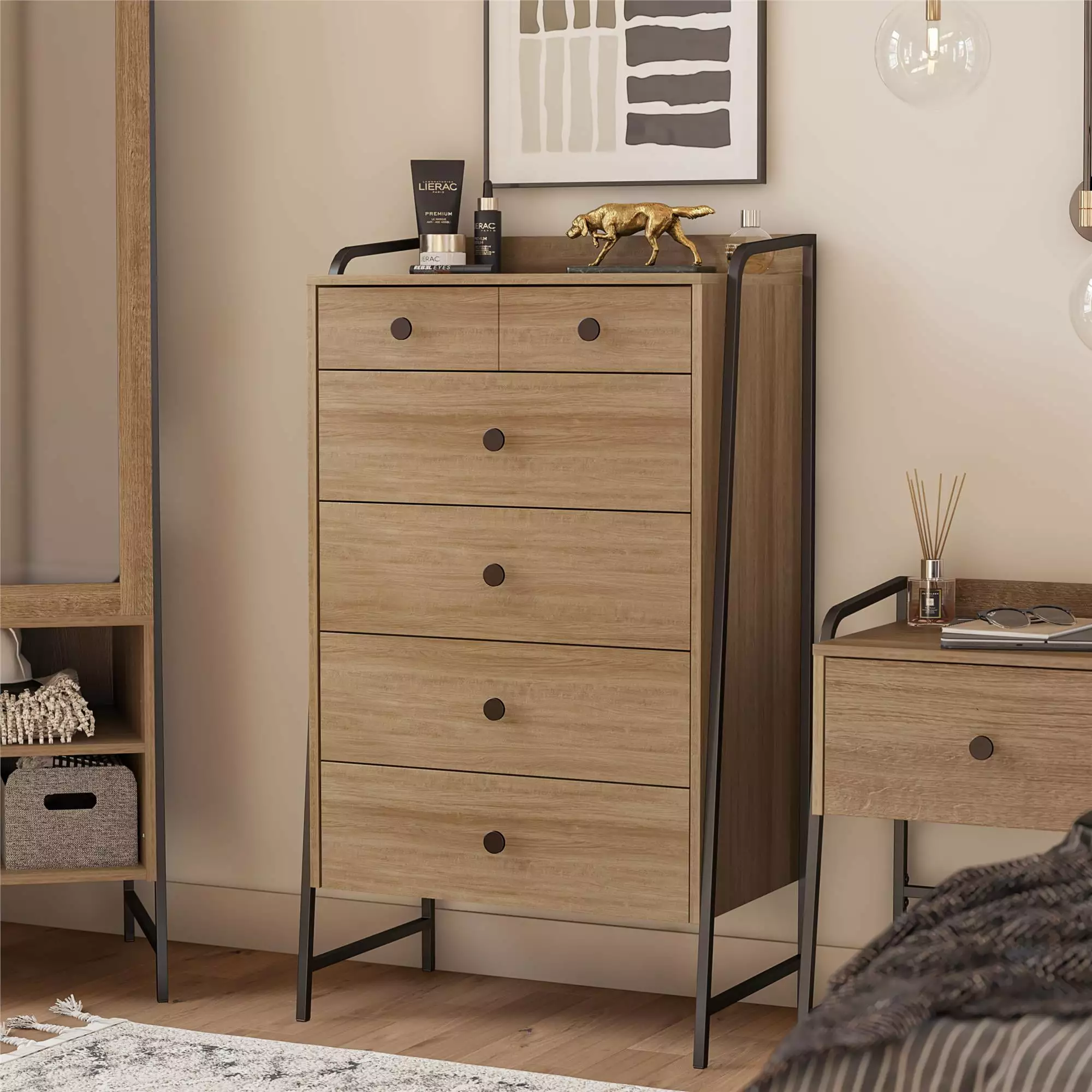Novogratz Bushwick Tall 5-Drawer Natural Dresser Bedroom