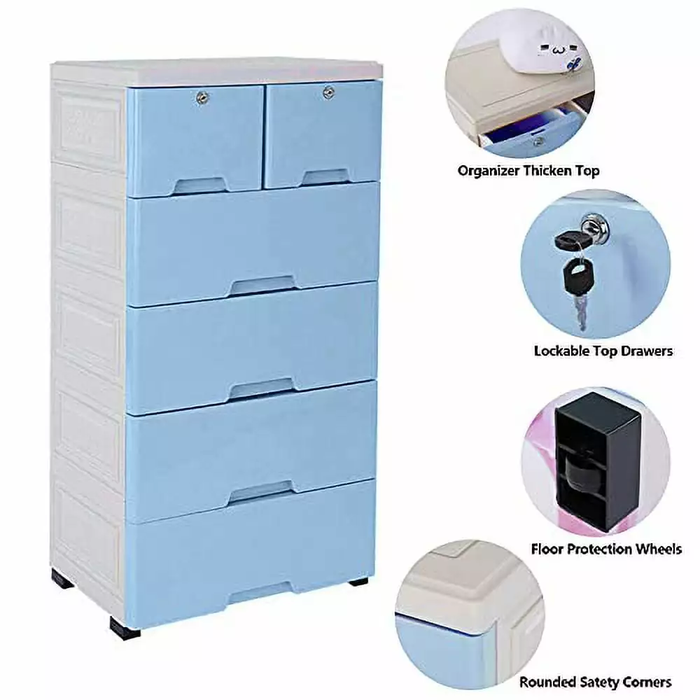 TFCFL Modern 6 Drawer Dresser Rolling Wheels - Blue Storage Cabinet TeviRoom