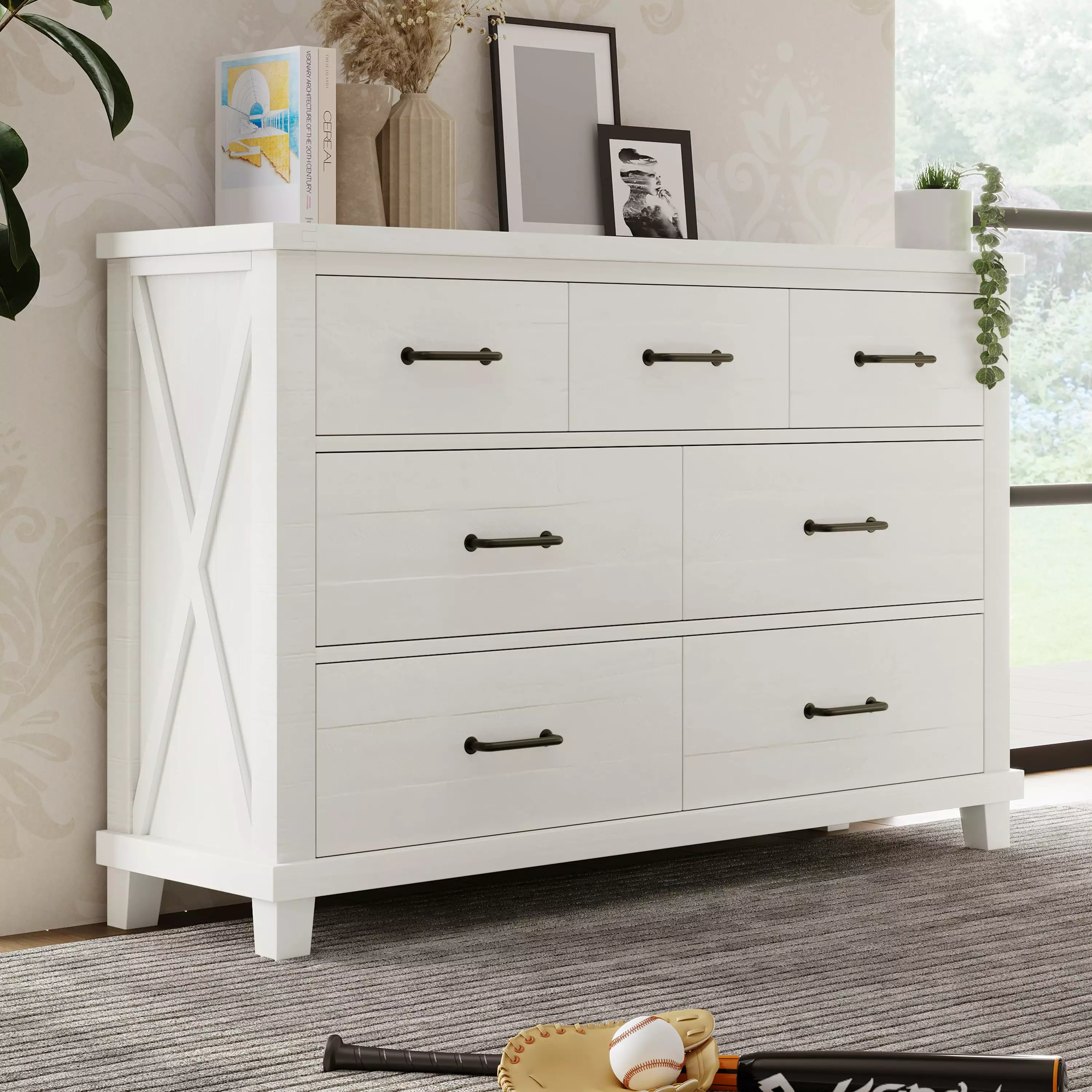 Rustic Farmhouse Style Solid Pine Wood 7-Drawer Dresser White Wobythan