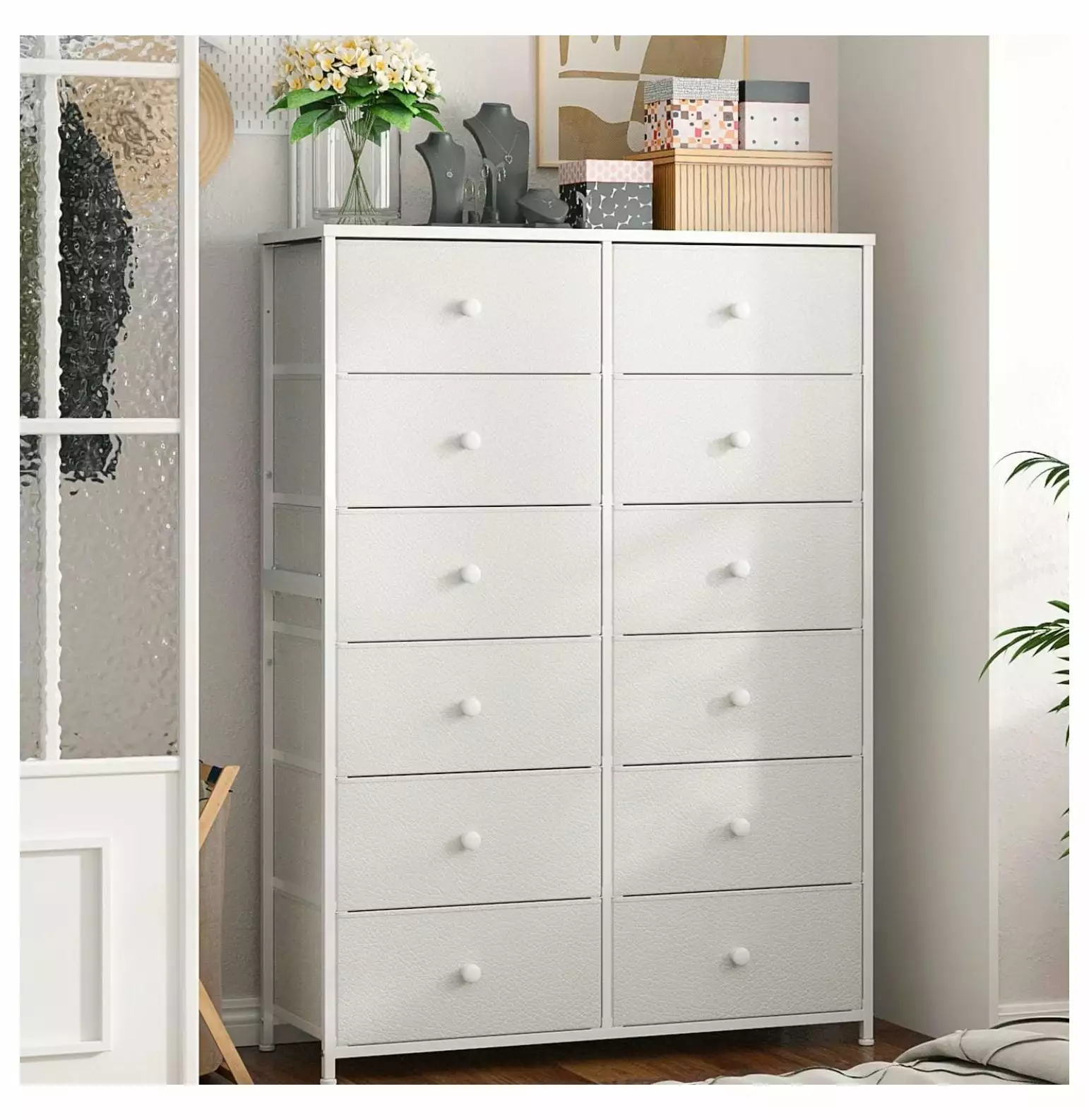 Zengpin White 12-Drawer Tall Dresser Bedroom Wooden Top and Metal Frame