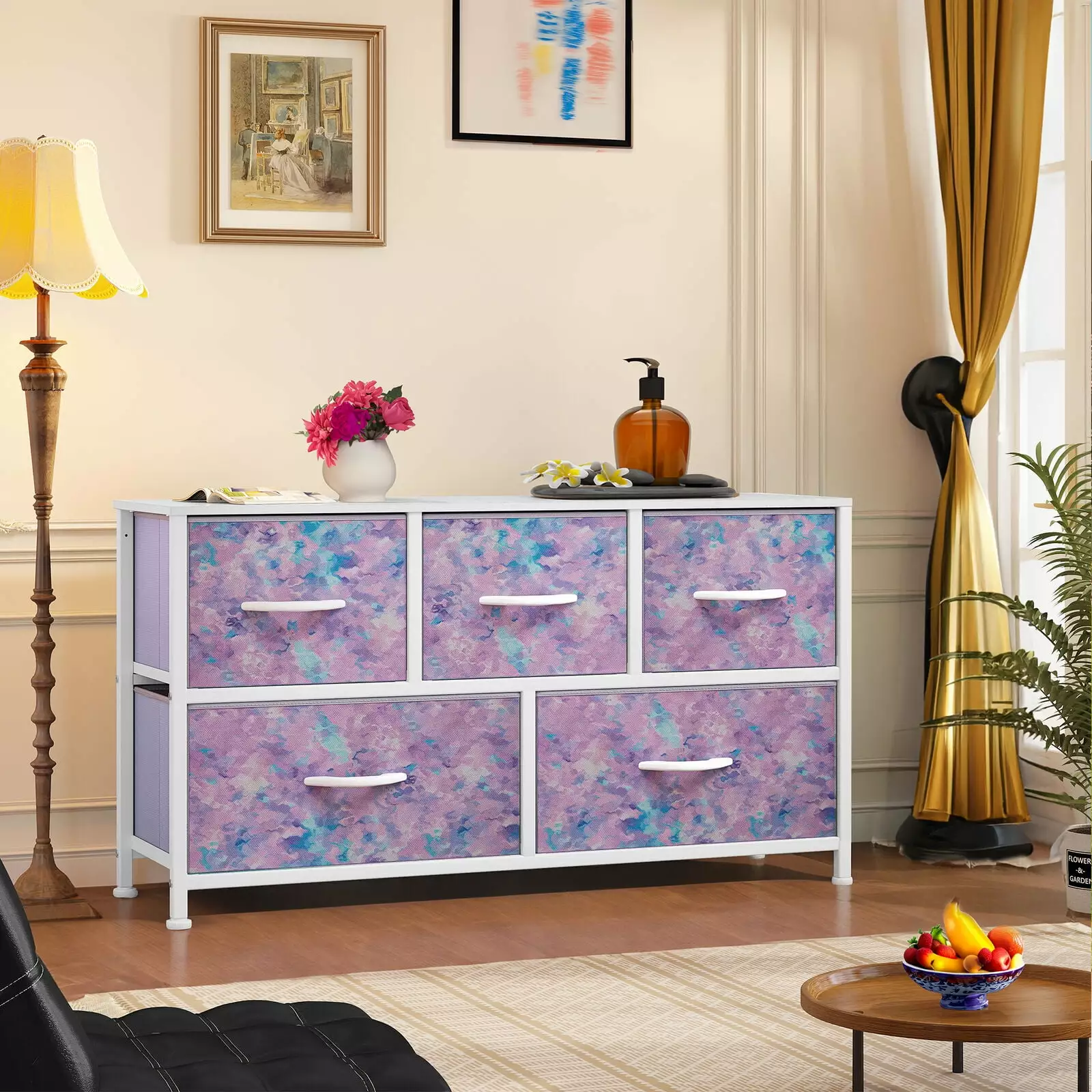ZGBY 5-Drawer Fabric Dresser Wide Storage Tower Organizer Chest Wooden Top ZGBY Home Products