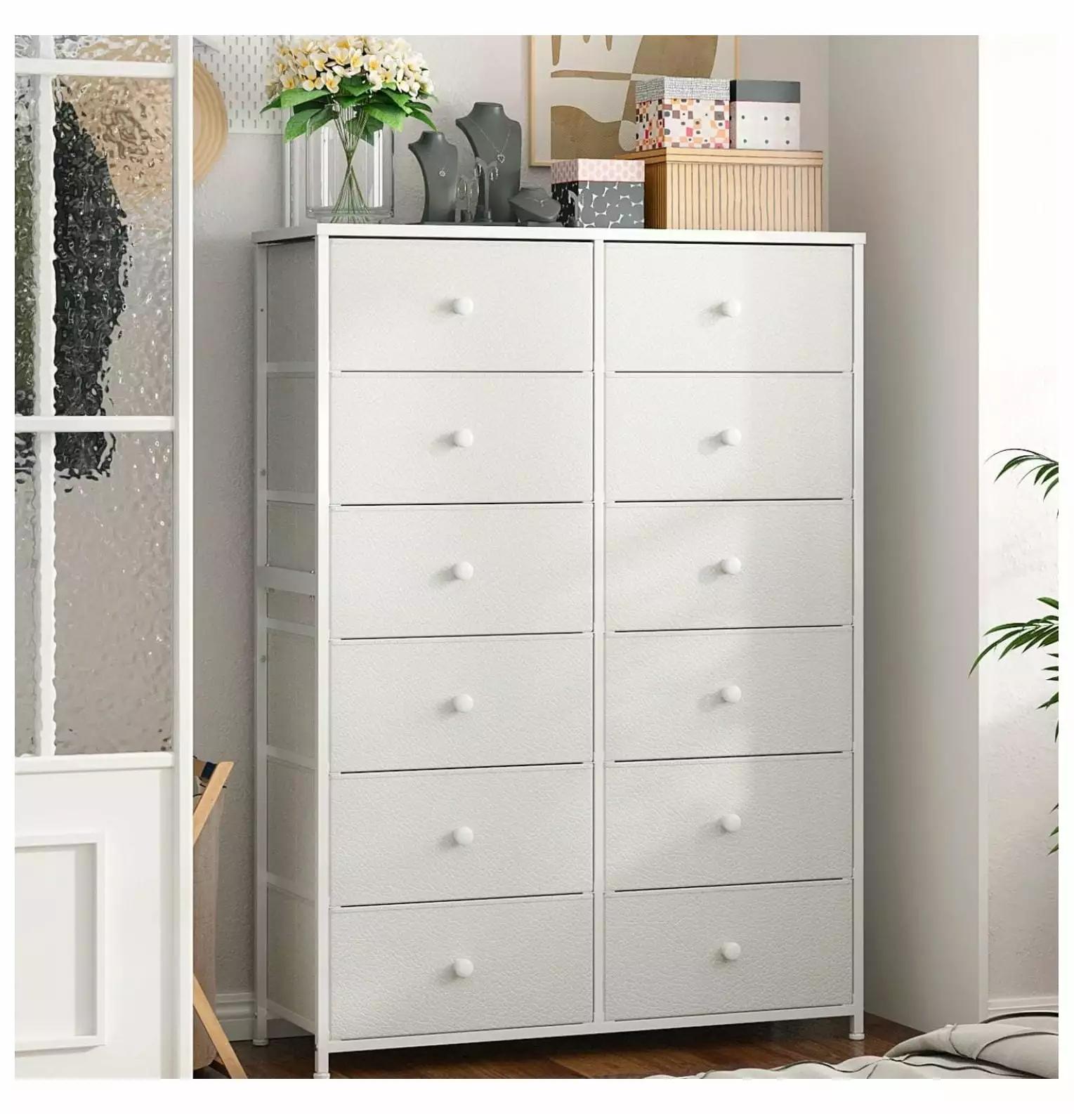 ZHAOTONG White 12-Drawer Tall Dresser Bedroom Wooden Top and Metal Frame