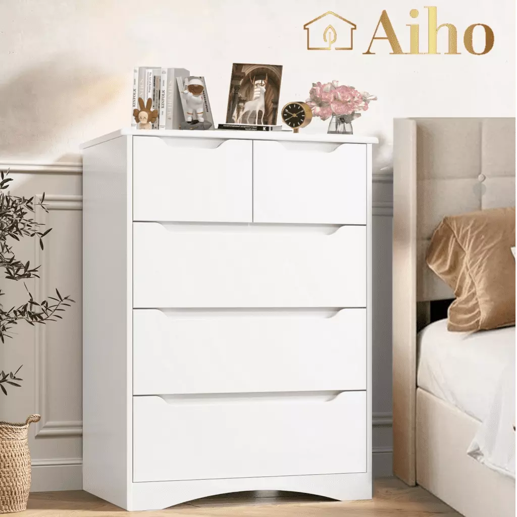Aiho 37-Inch White 5-Drawer Dresser Cutout Handles Bedroom and Living Room