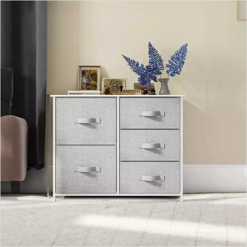 Dresser 5 Drawers Furniture Storage Chest Tower Bedroom Office Gray Amoupup
