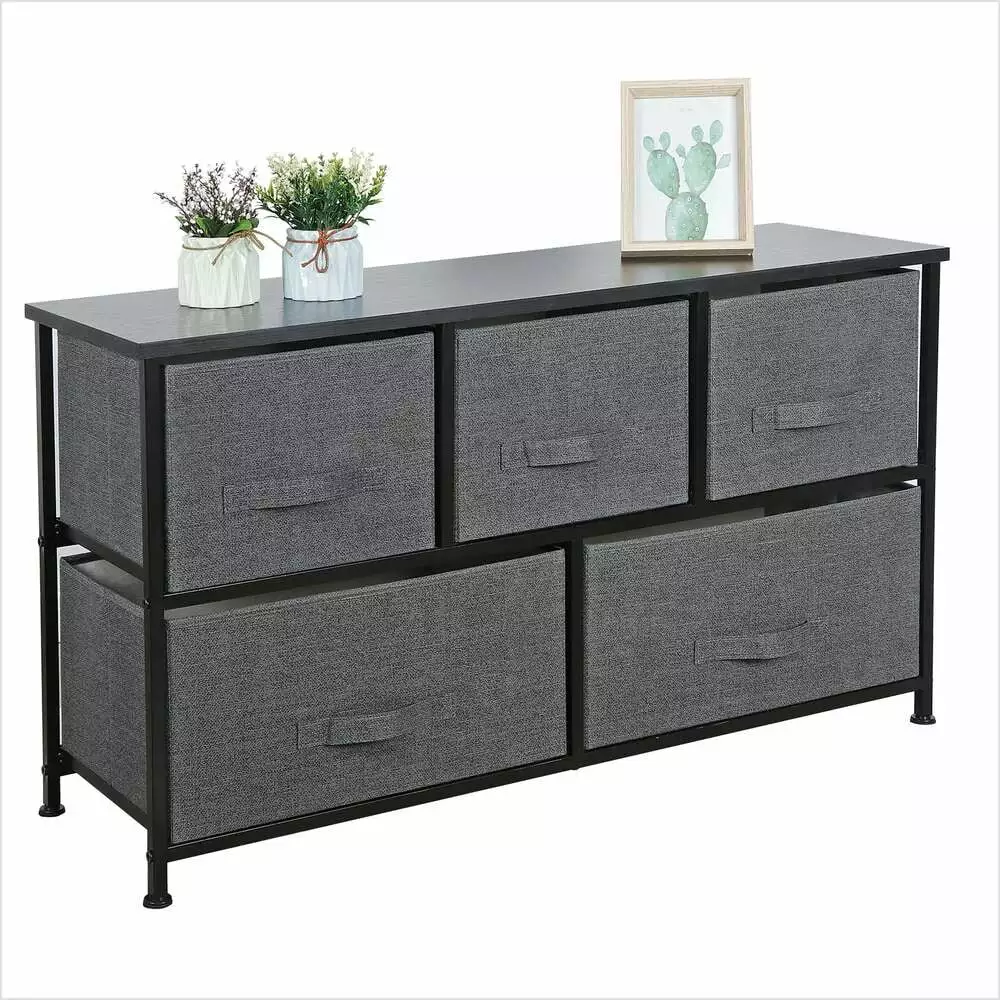 Wide Dresser Storage Tower Sturdy Steel Frame and 5 Foldable Cloth Cubes Amoupup