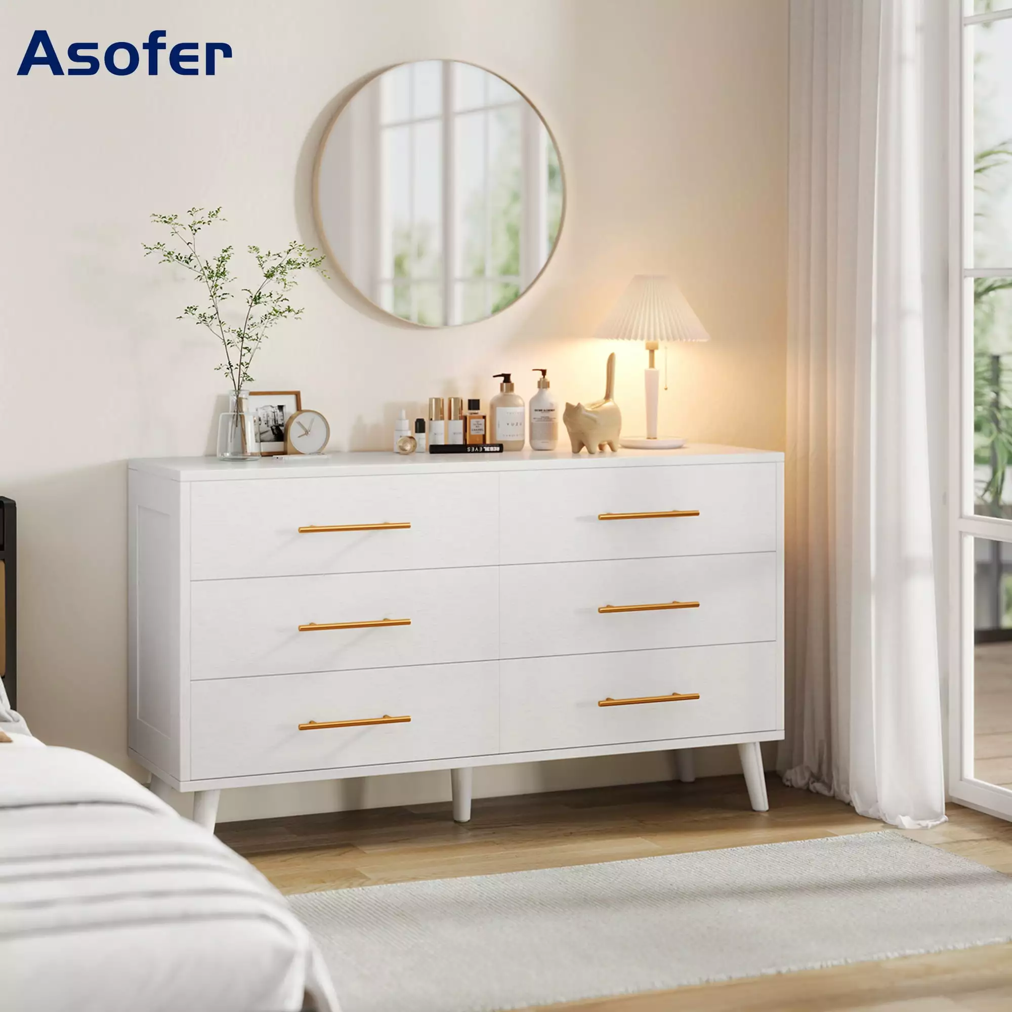Asofer 6 Drawer Dresser Clothes and Toys Wood Storage Chest Bedroom Living Room White
