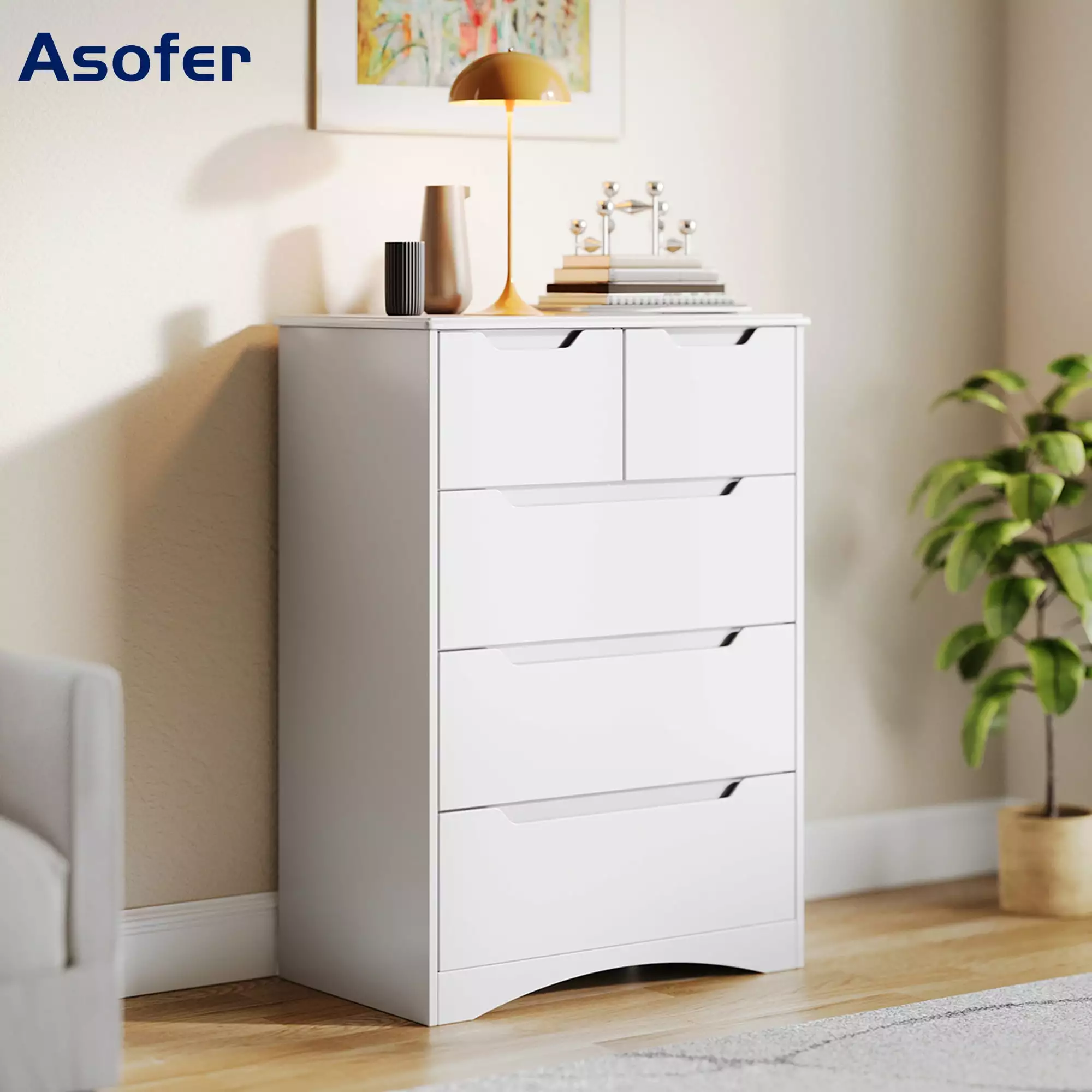 Asofer White 5-Drawer Wood Storage Cabinet Clothes and Toys Bedroom or Living Room