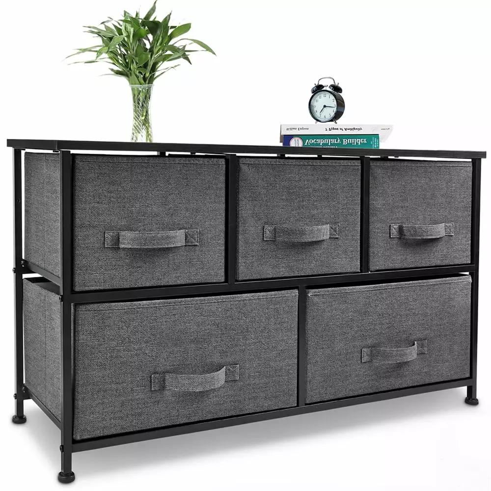 Bigroof 5-Drawer Dresser Storage Tower Sturdy Steel Frame Easy Pull Fabric Bins Dark Gray Organizer